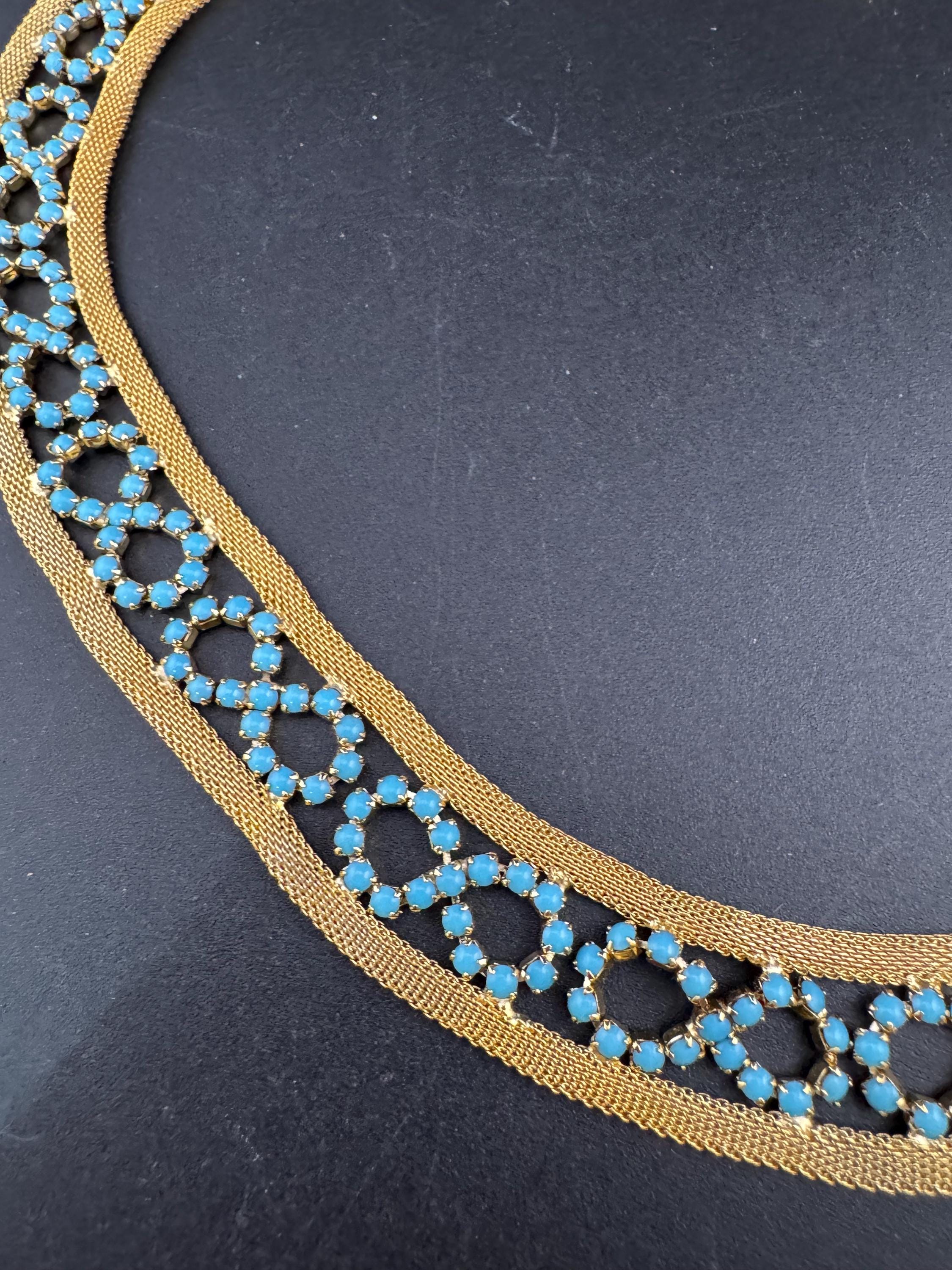 Vintage 1960s gold tone mesh choker necklace with turquoise glass rhinestones adj to 47cm long