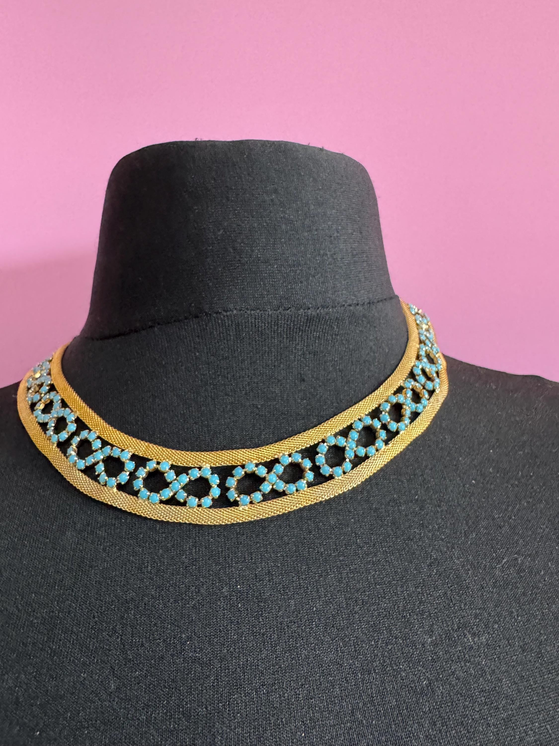 Vintage 1960s gold tone mesh choker necklace with turquoise glass rhinestones adj to 47cm long