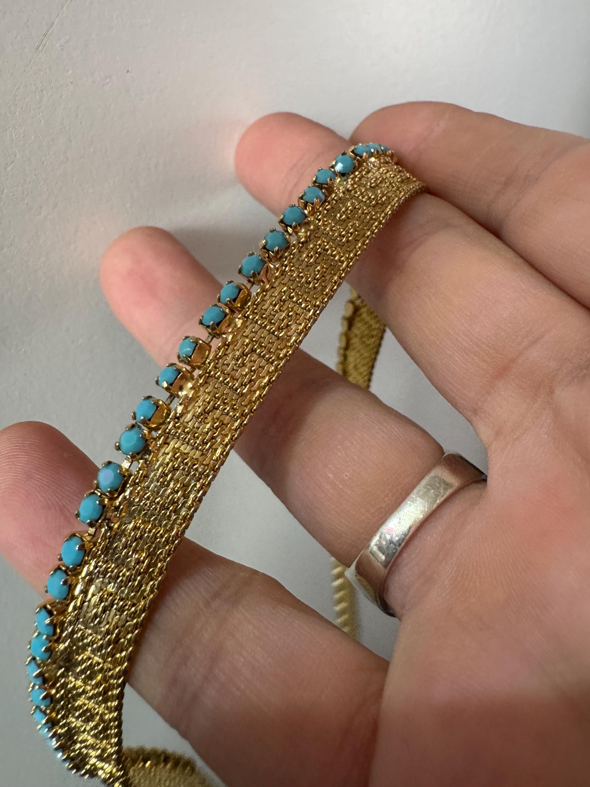 Vintage gold tone turquoise blue glass diamanté greek key design mesh choker necklace