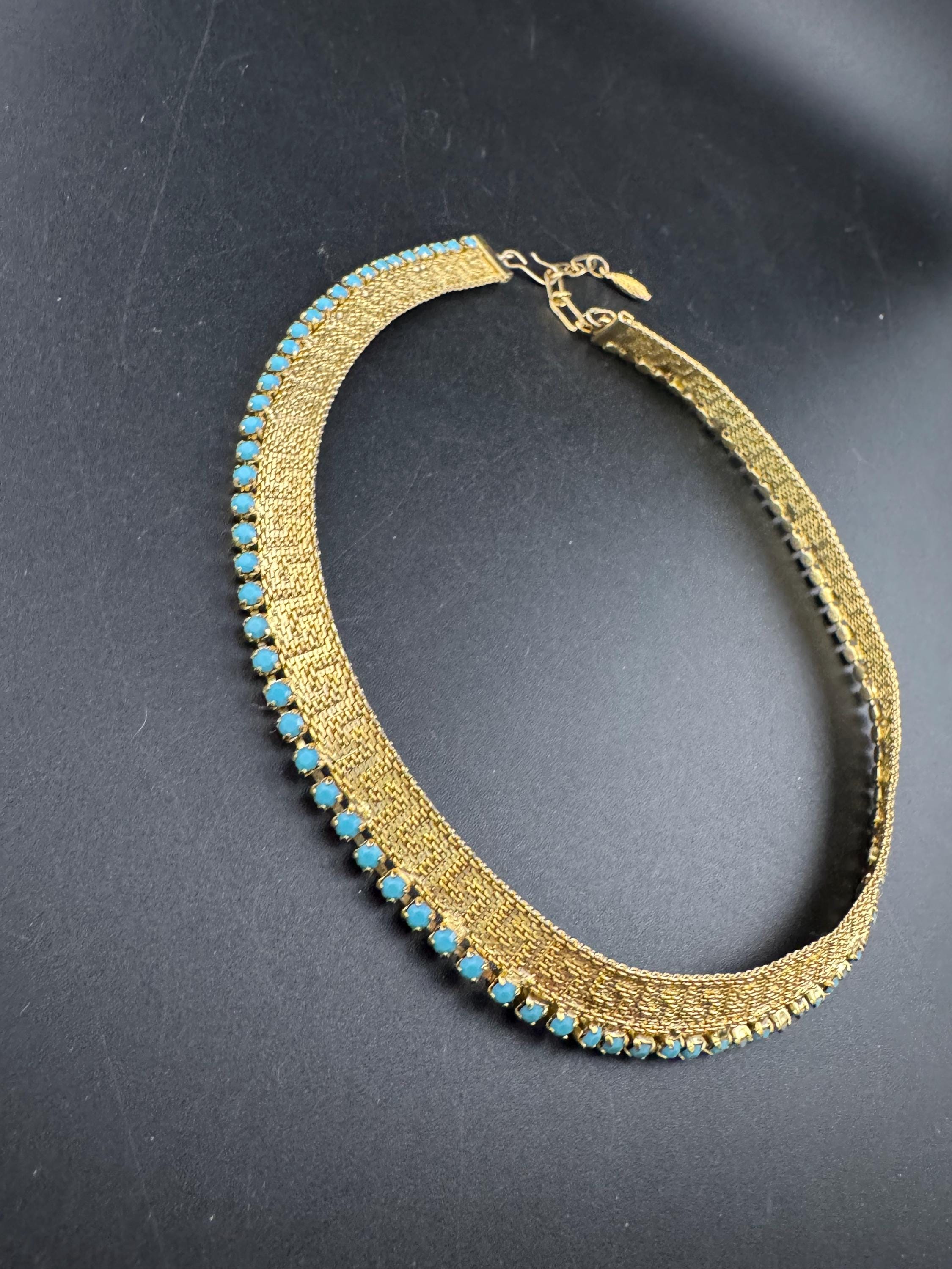 Vintage gold tone turquoise blue glass diamanté greek key design mesh choker necklace