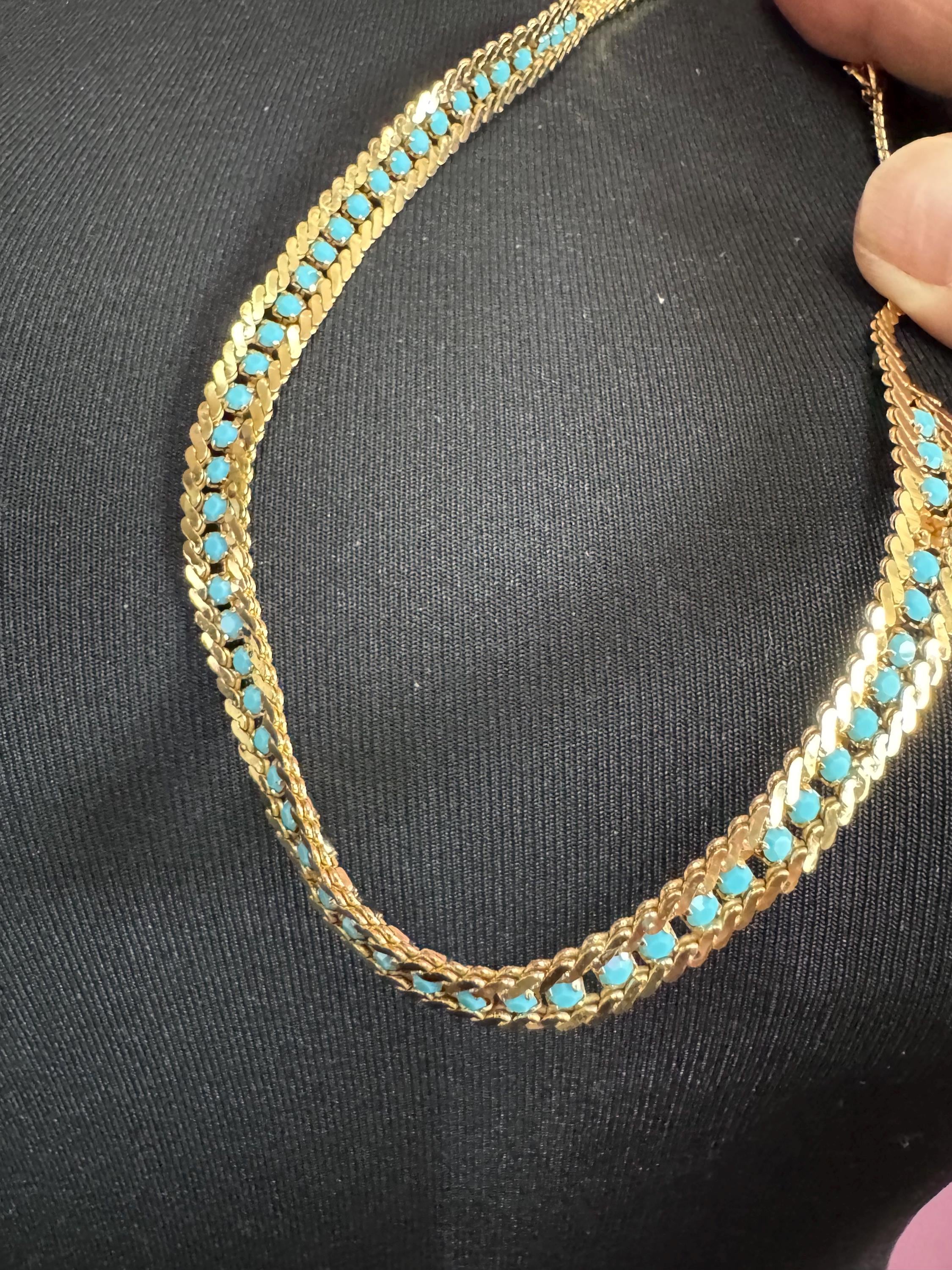 Vintage 1960s Gold Plated Serpentine Necklace: Turquoise Rhinestones