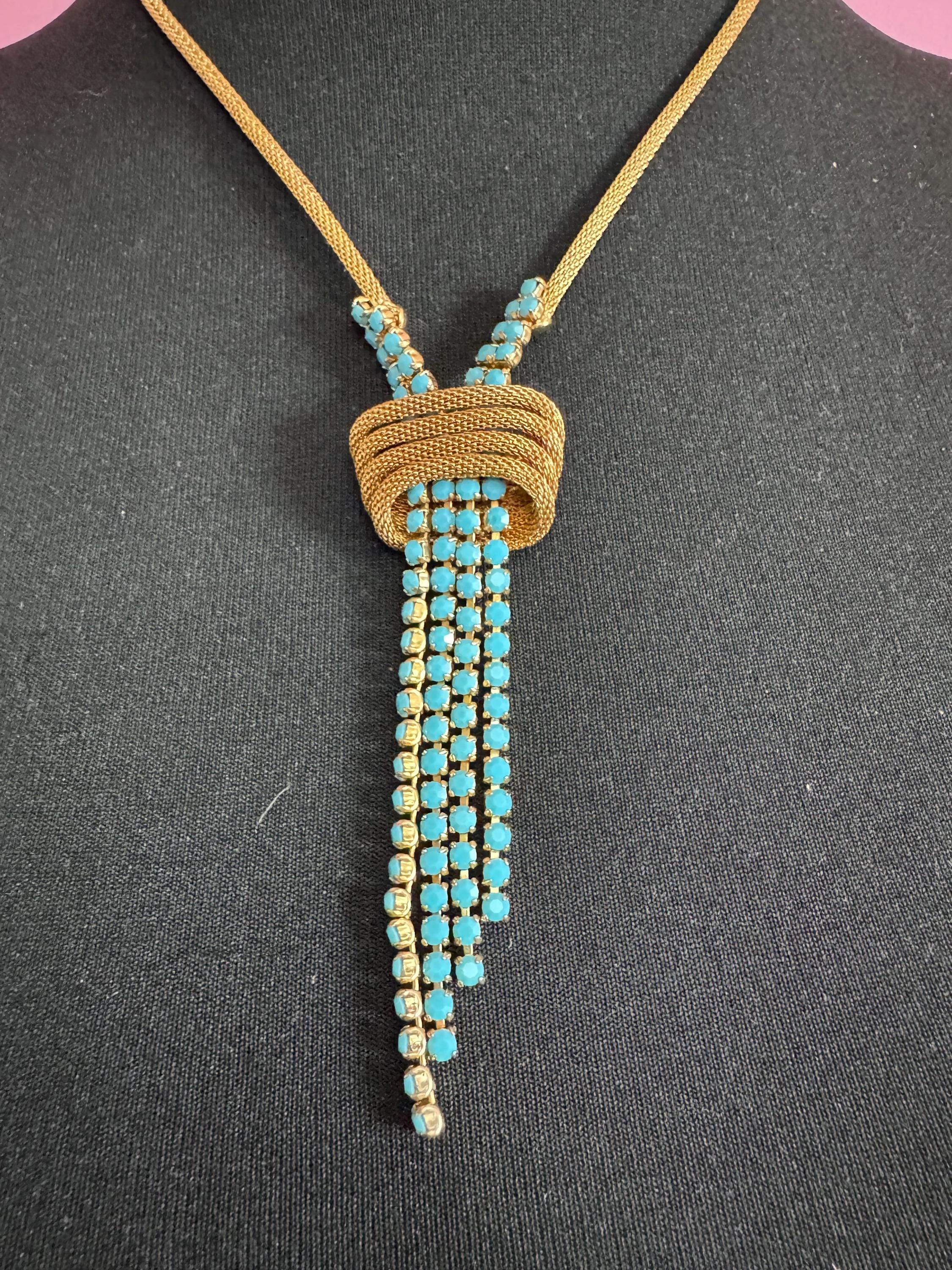 Vintage 1960s 1970s gold tone mesh lariat drop knot necklace with turquoise glass paste stones adj to 52cm long plus drop