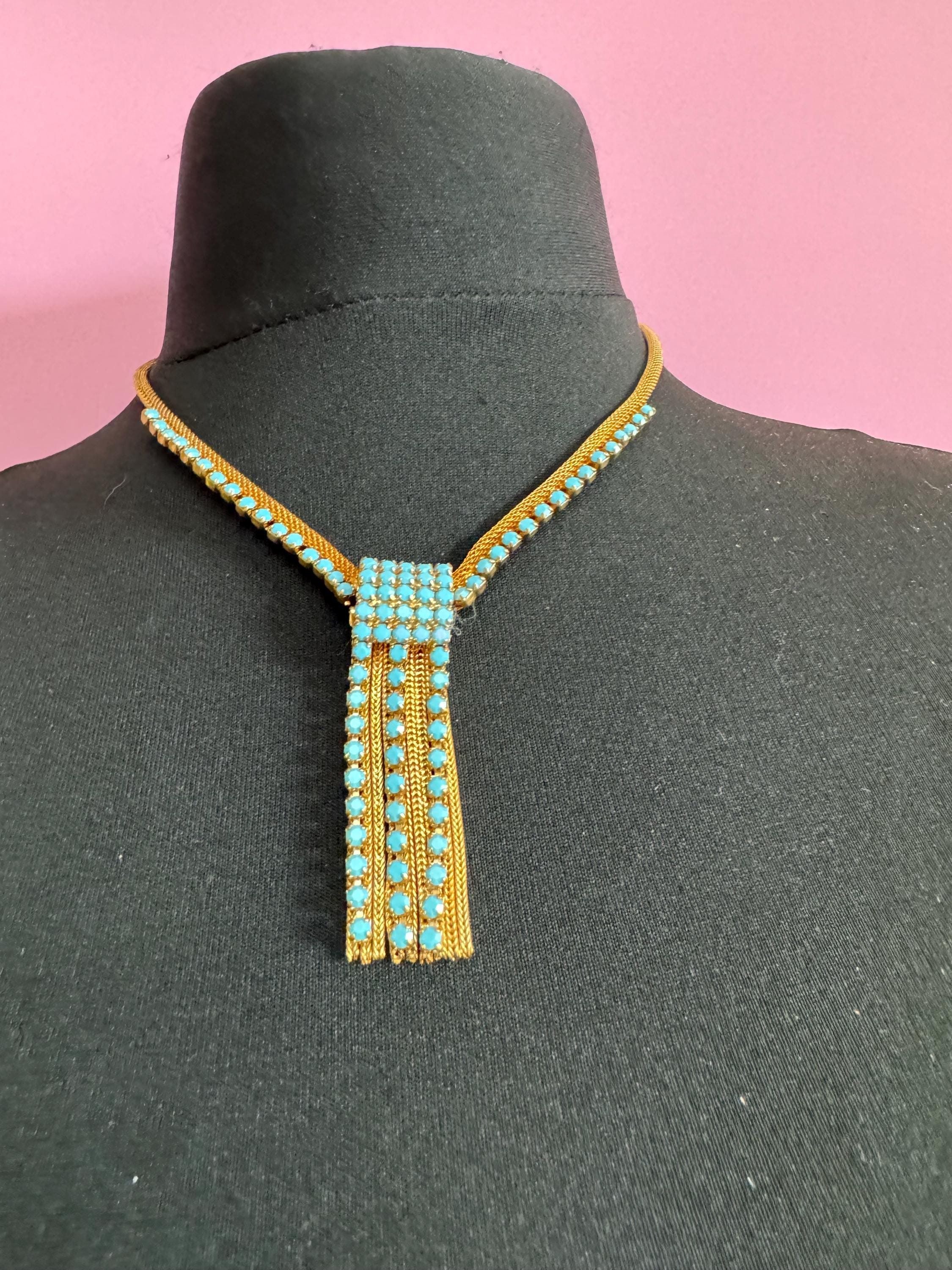 Vintage 1960s 1970s gold tone mesh lariat drop waterfall necklace with turquoise glass paste stones adj to 50cm long plus drop