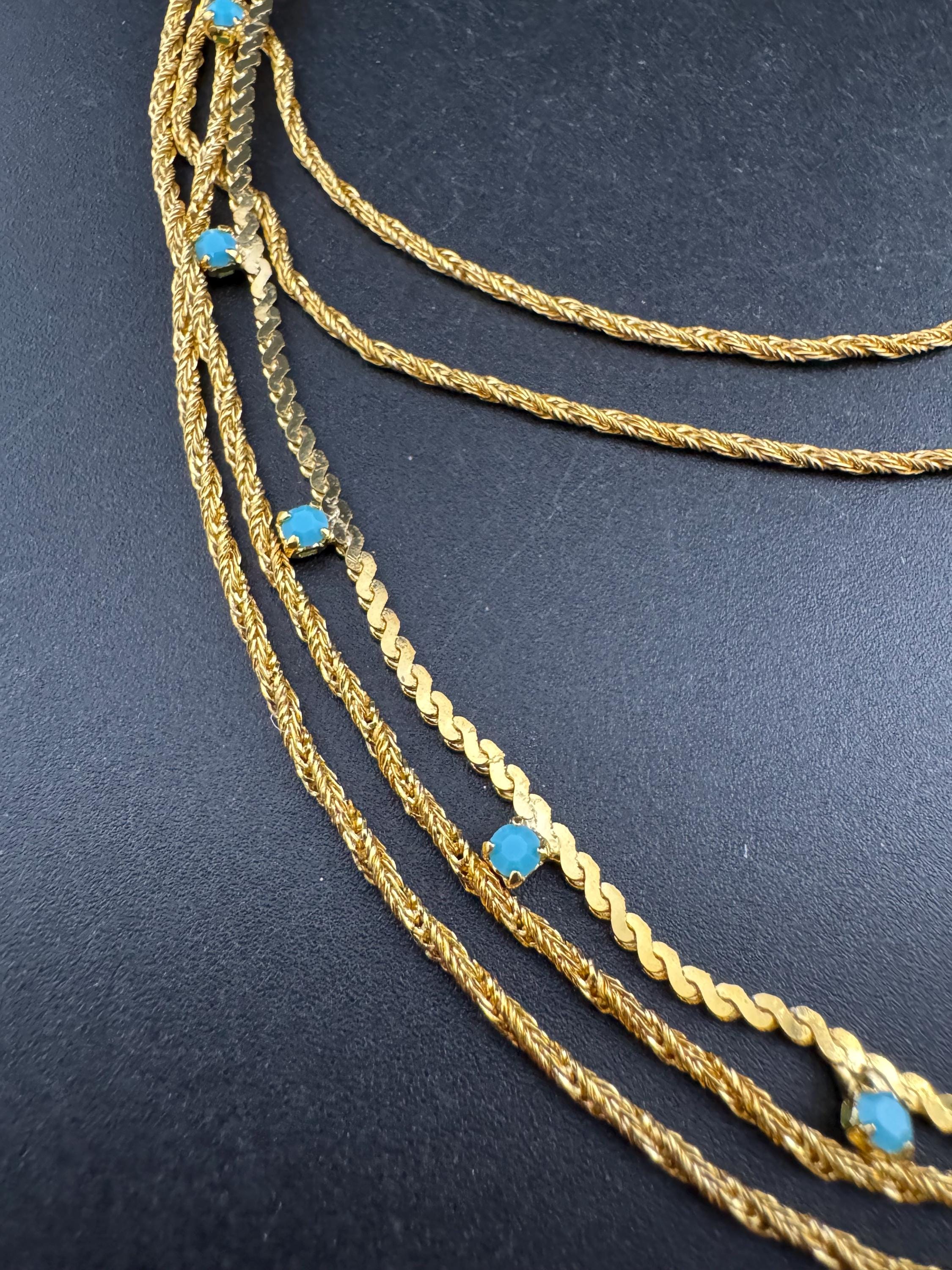 Vintage 1960s turquoise blue rhinestone multi strand layering necklace