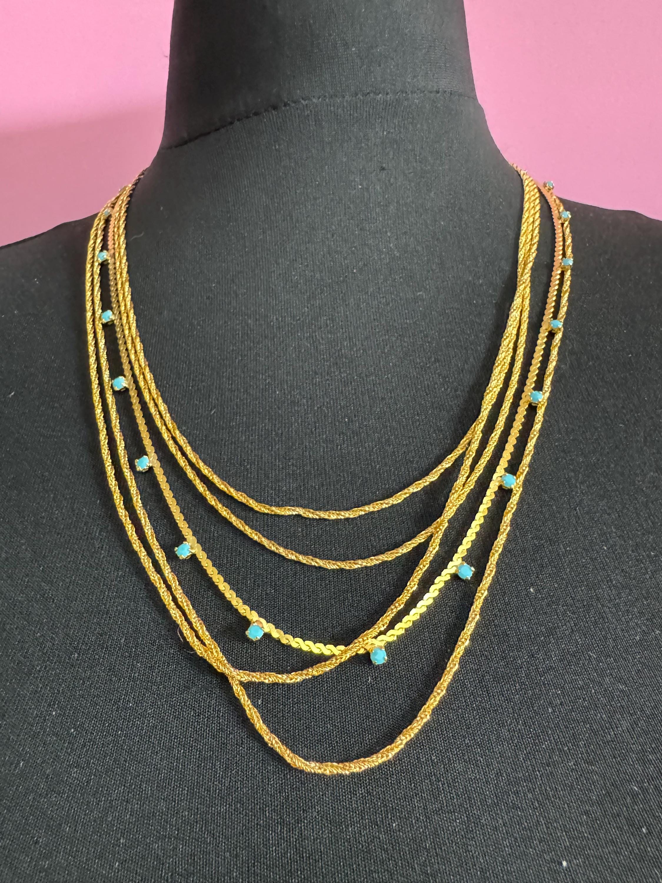 Vintage 1960s turquoise blue rhinestone multi strand layering necklace