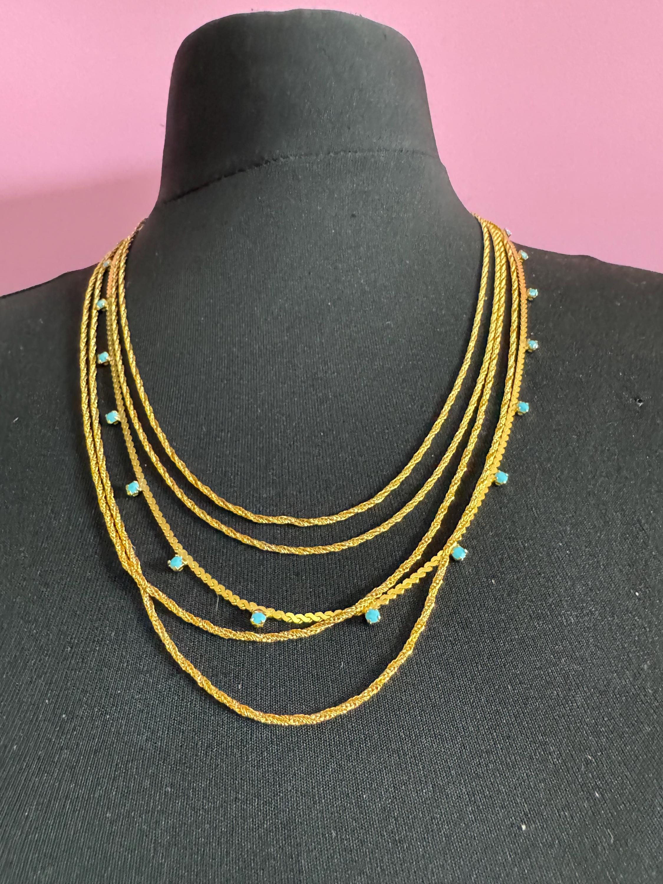 Vintage 1960s turquoise blue rhinestone multi strand layering necklace