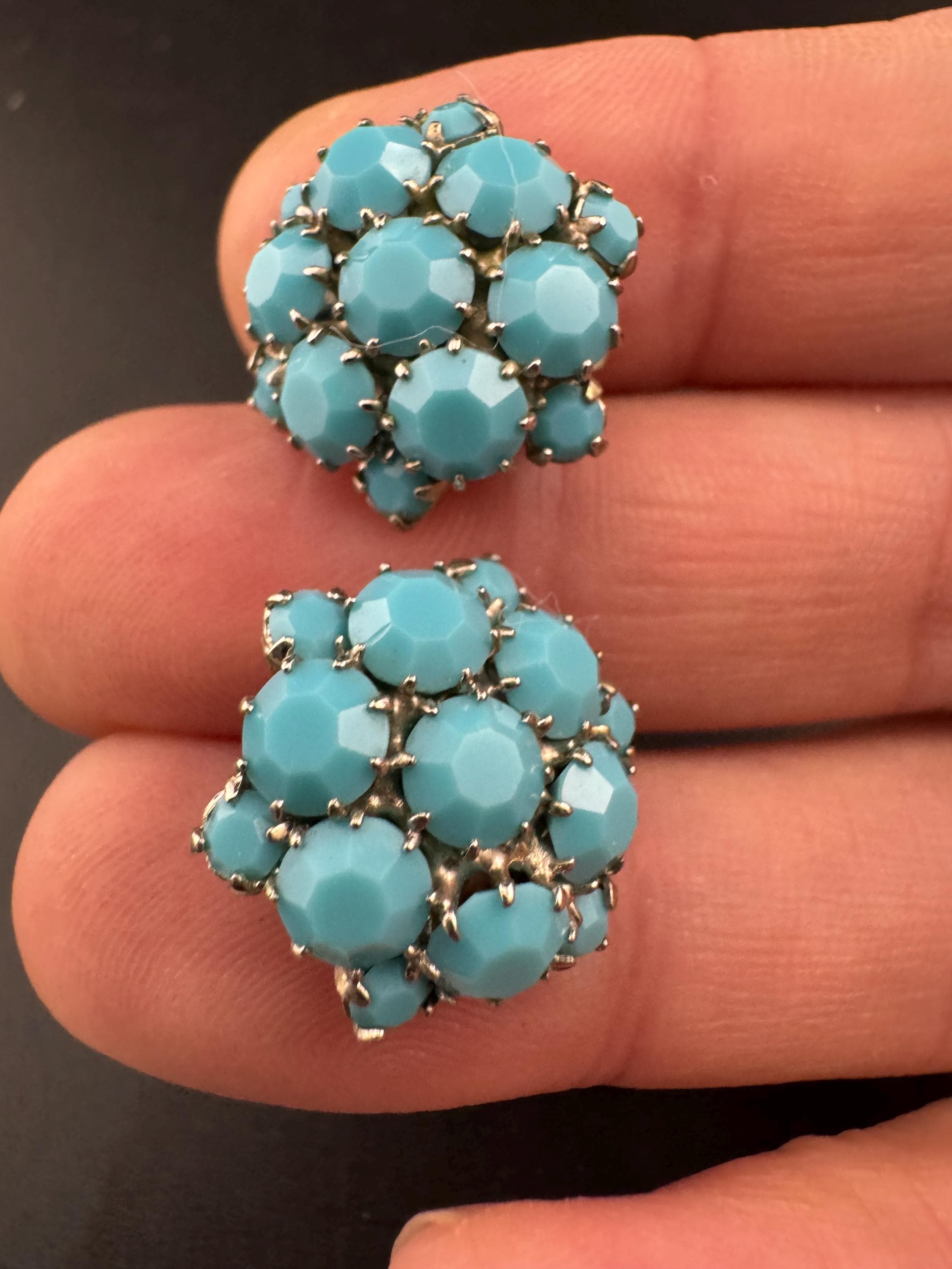 1970s Turquoise Glass Flower Earrings: Vintage Silver Tone Rhinestone Clip Ons