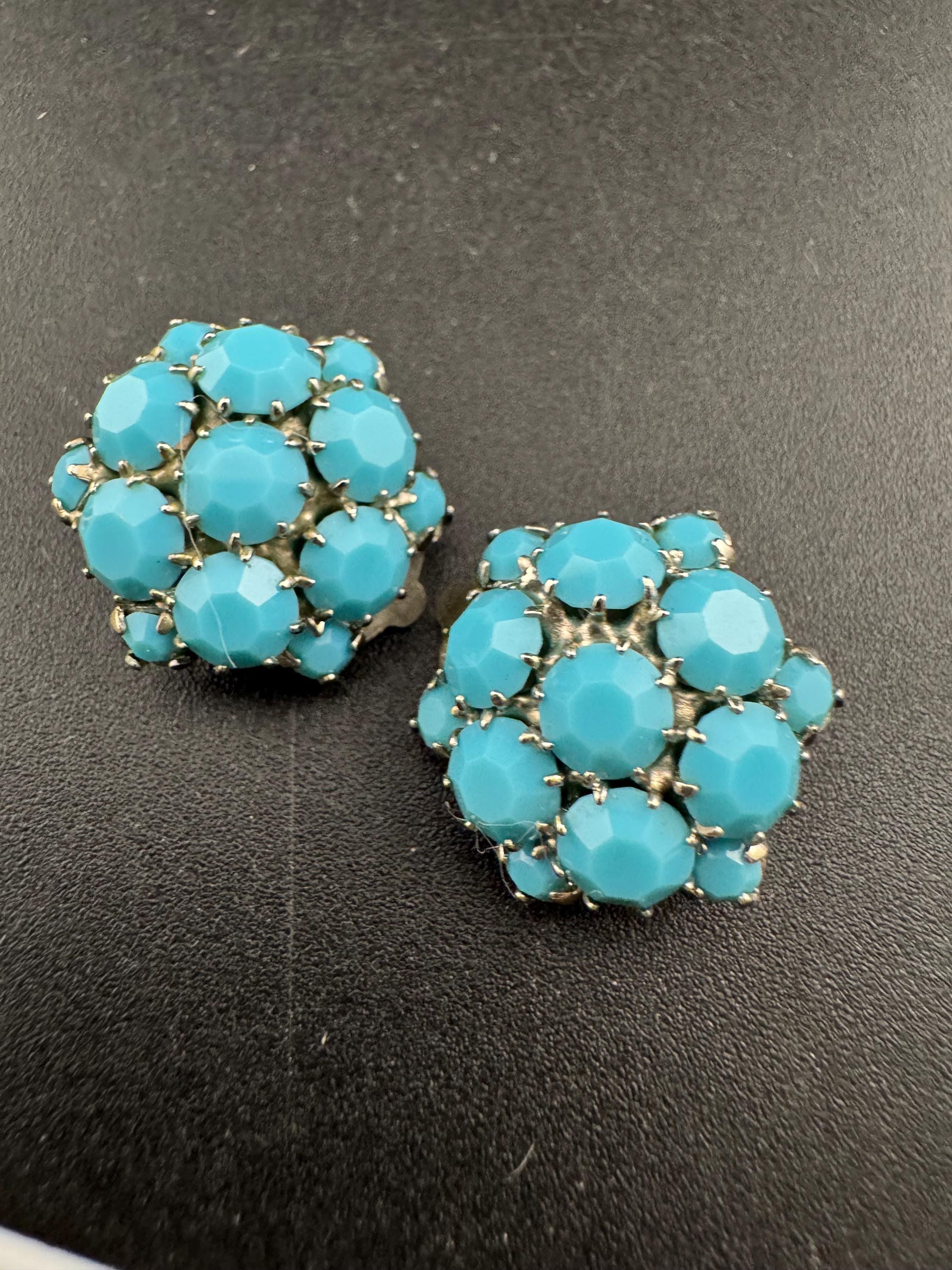 Vintage 1970s clip on modernist earrings  silver tone Turquoise glass diamanté paste rhinestone floral flower