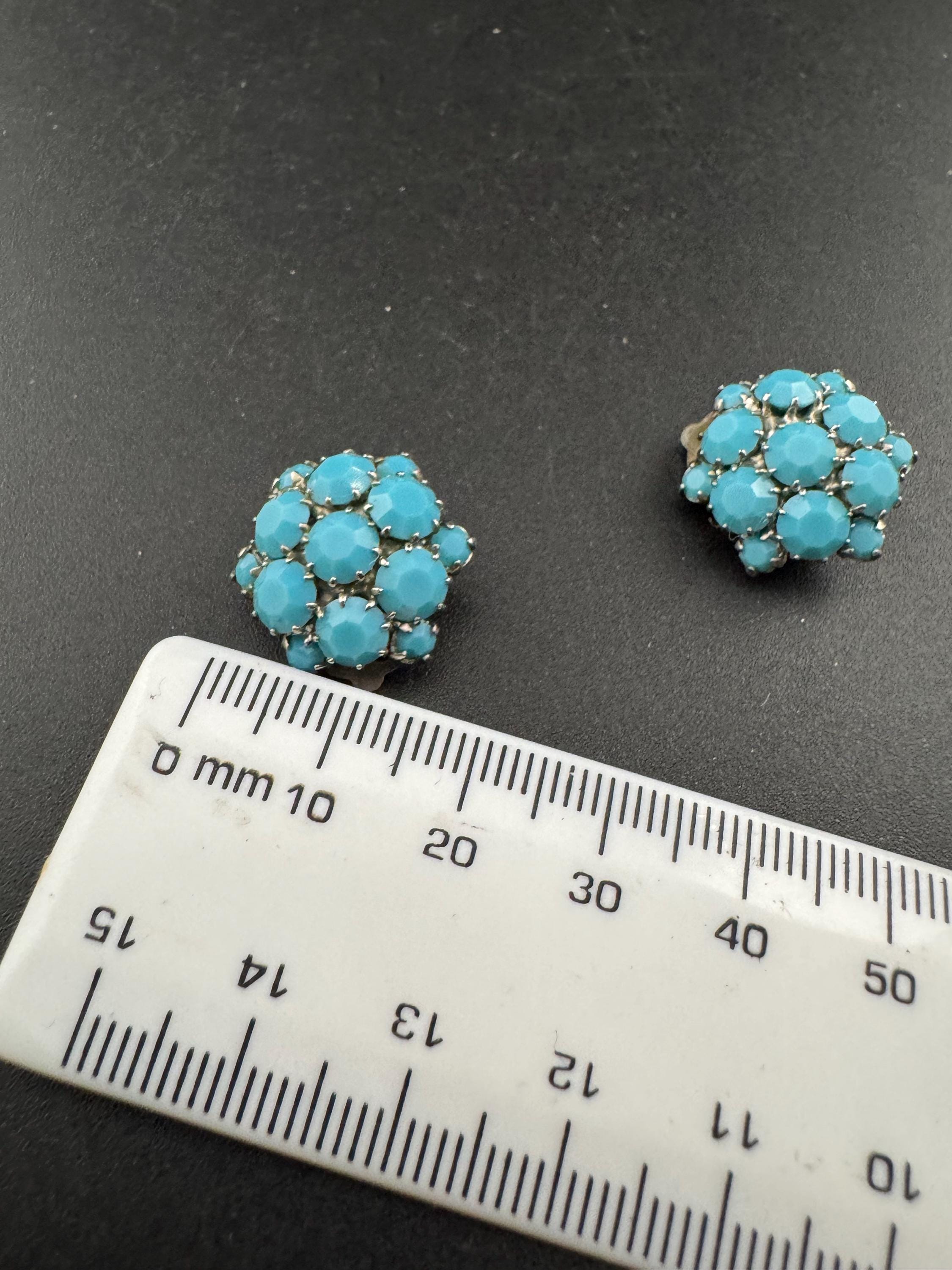 1970s Turquoise Glass Flower Earrings: Vintage Silver Tone Rhinestone Clip Ons