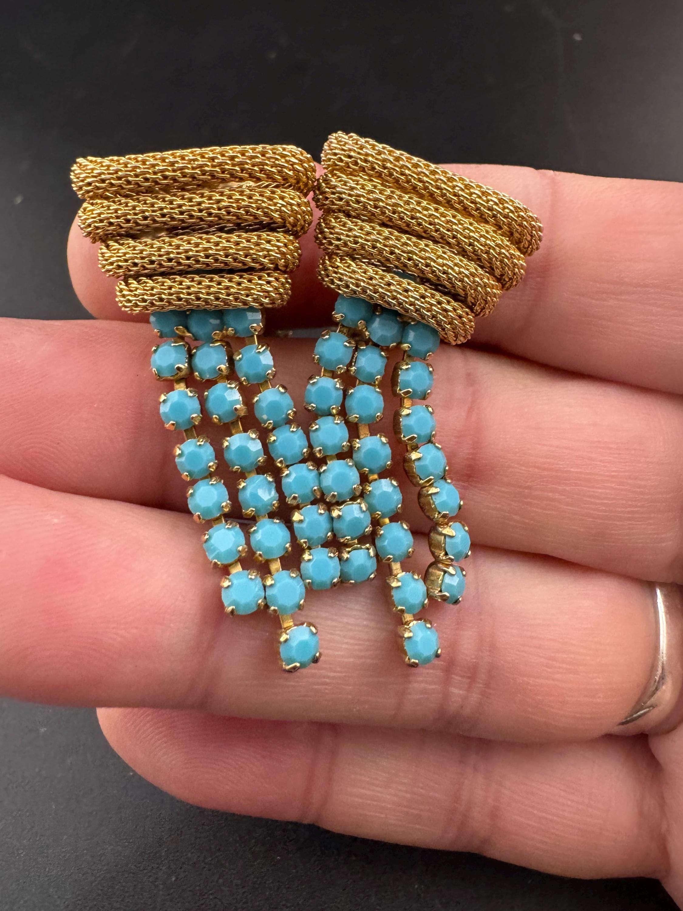 Vintage mesh Turquoise glass diamanté paste clip on drop tassel earrings