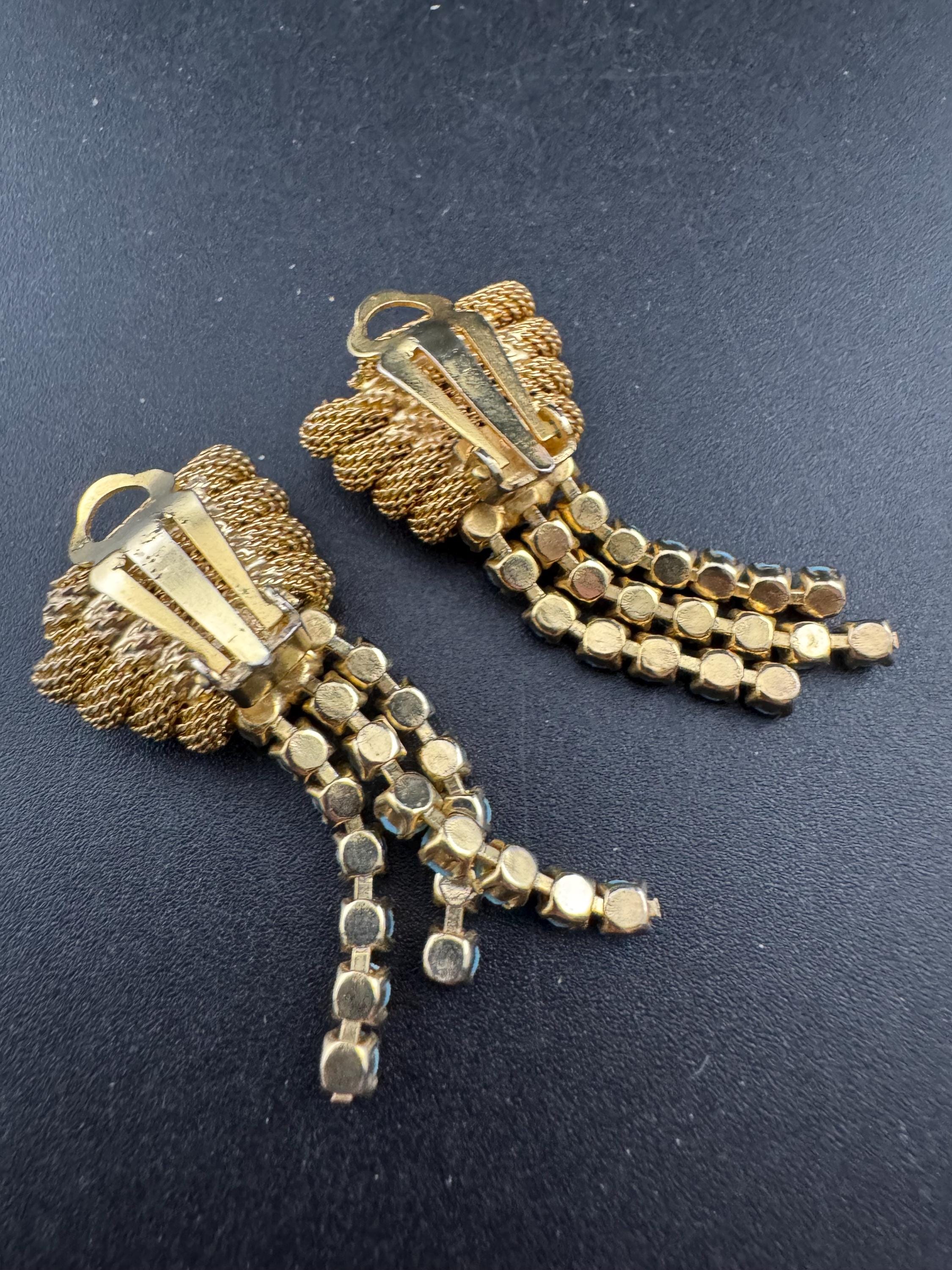 Vintage mesh Turquoise glass diamanté paste clip on drop tassel earrings