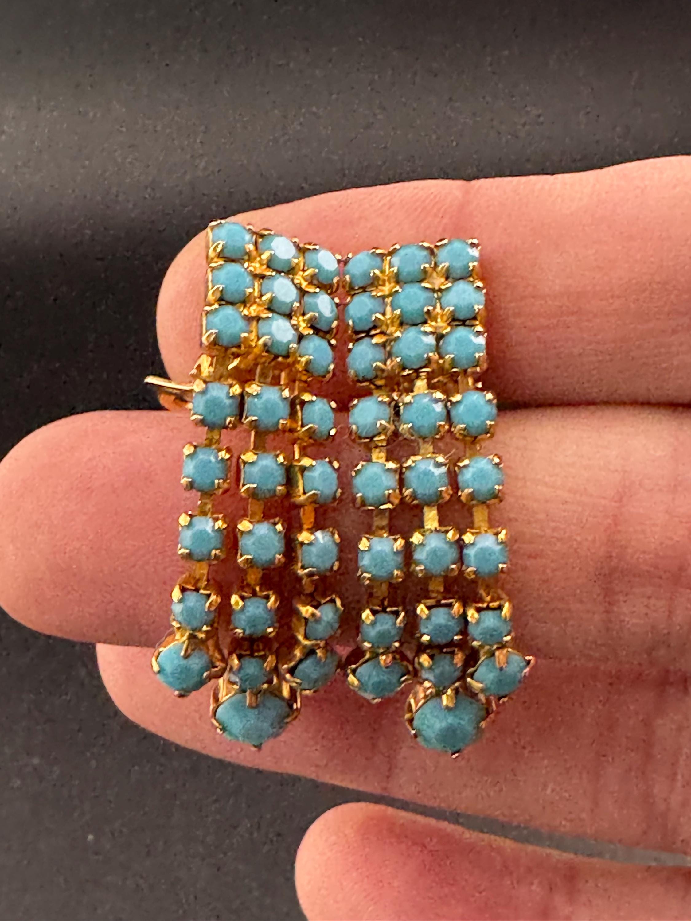 Vintage gold plated mesh Turquoise glass diamanté paste clip on drop tassel earrings