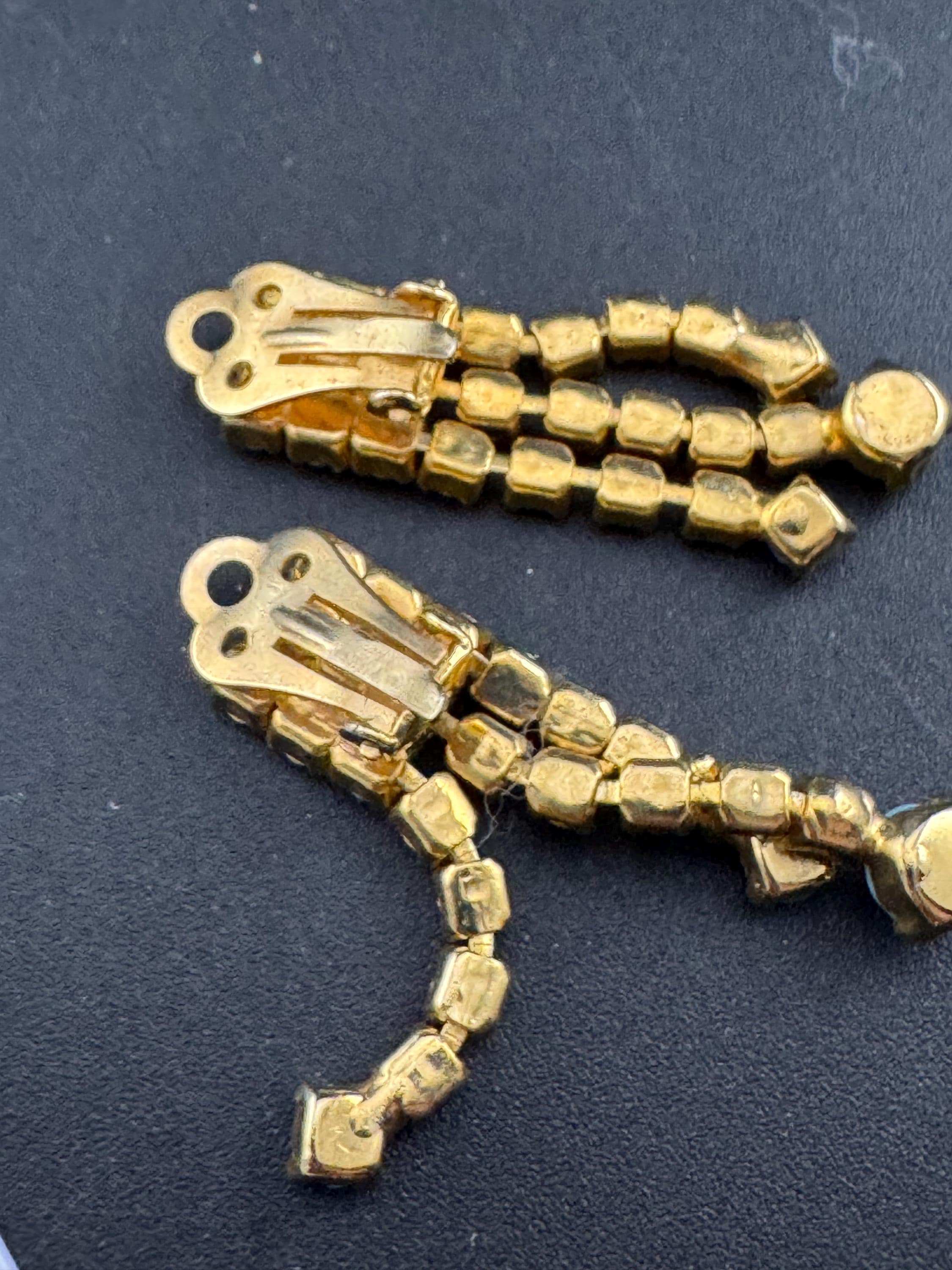 Vintage gold plated mesh Turquoise glass diamanté paste clip on drop tassel earrings