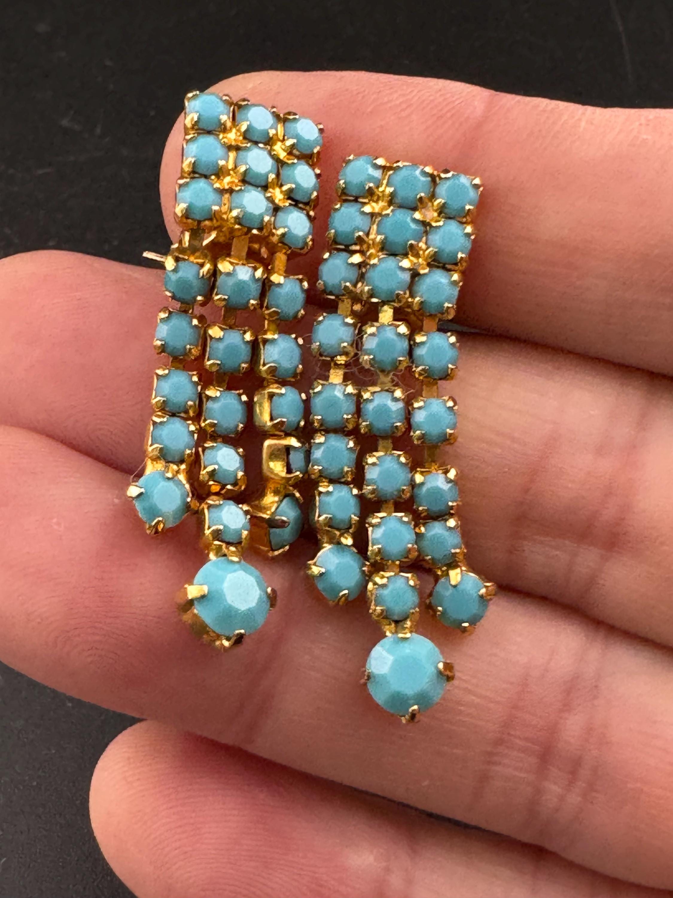 Vintage gold plated mesh Turquoise glass diamanté paste clip on drop tassel earrings