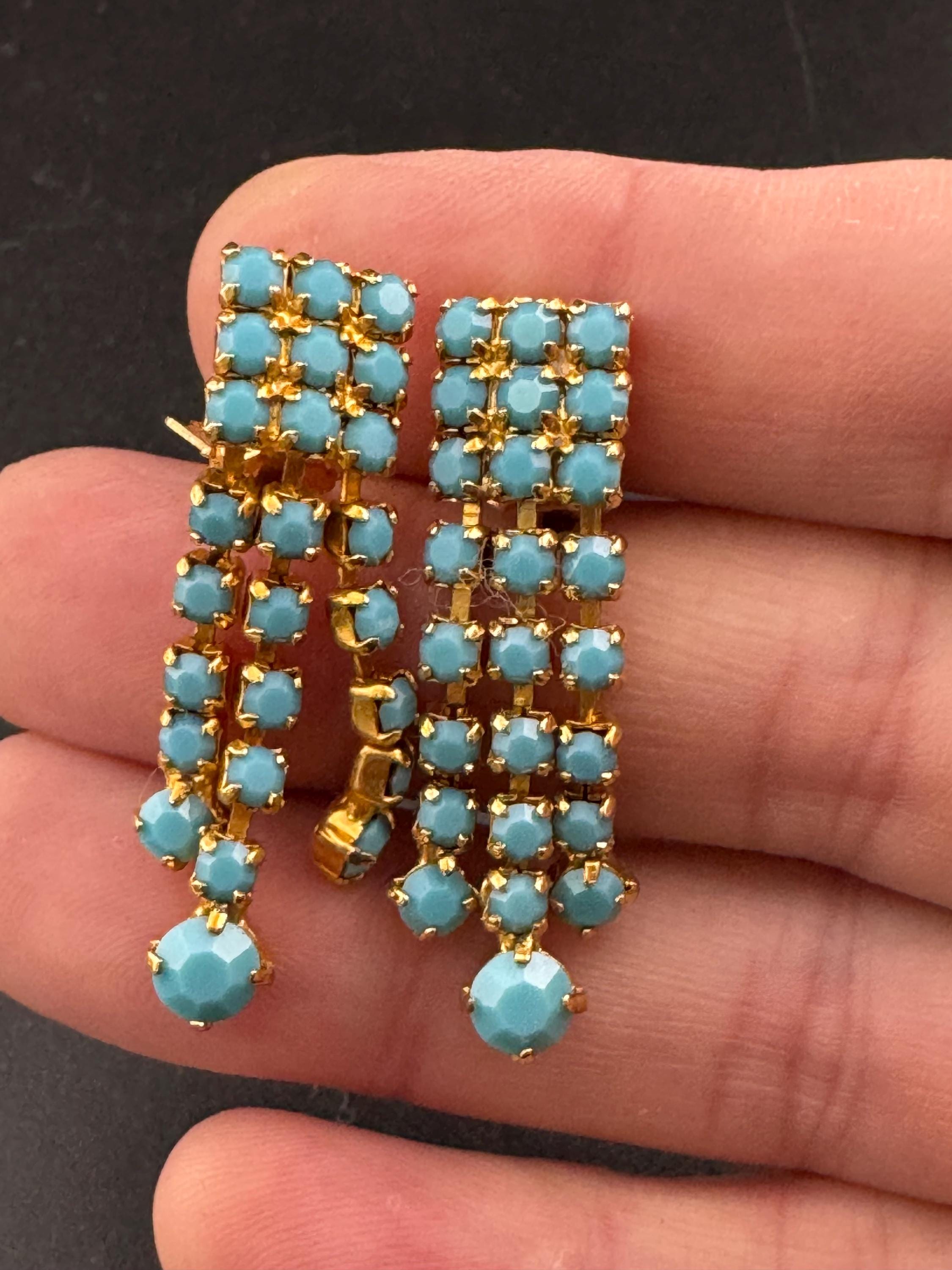 Vintage gold plated mesh Turquoise glass diamanté paste clip on drop tassel earrings