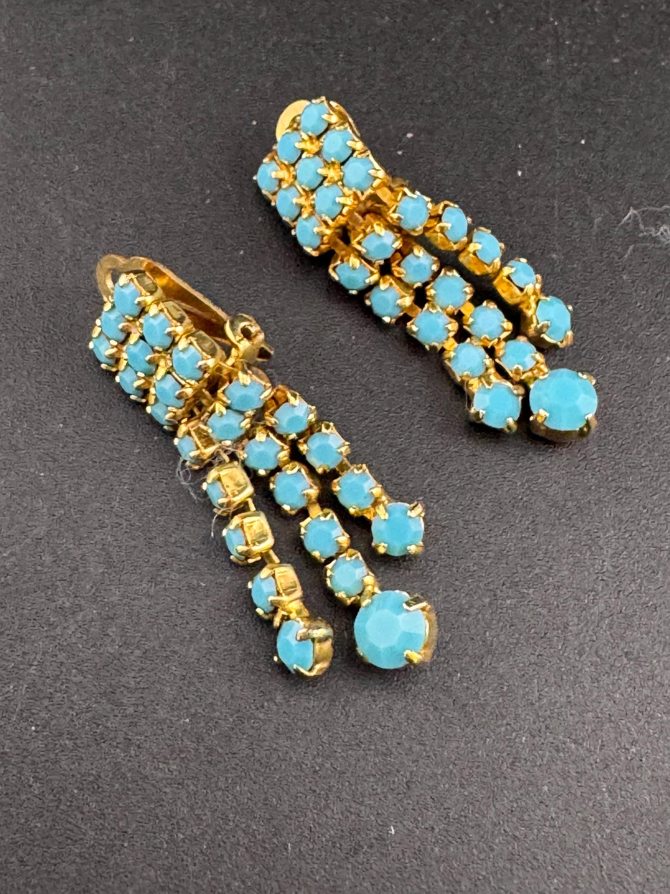 Vintage gold plated mesh Turquoise glass diamanté paste clip on drop tassel earrings