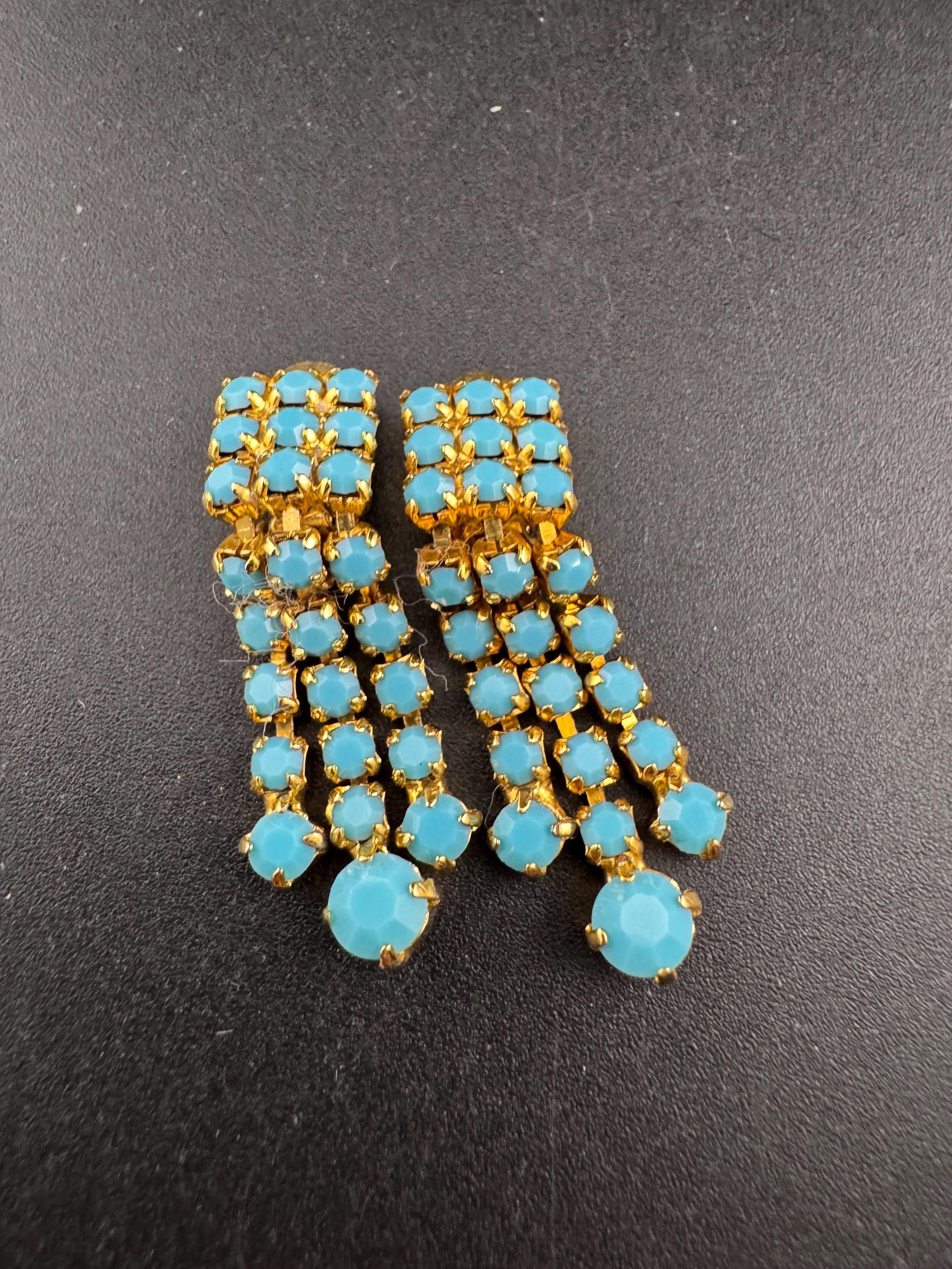 Vintage gold plated mesh Turquoise glass diamanté paste clip on drop tassel earrings