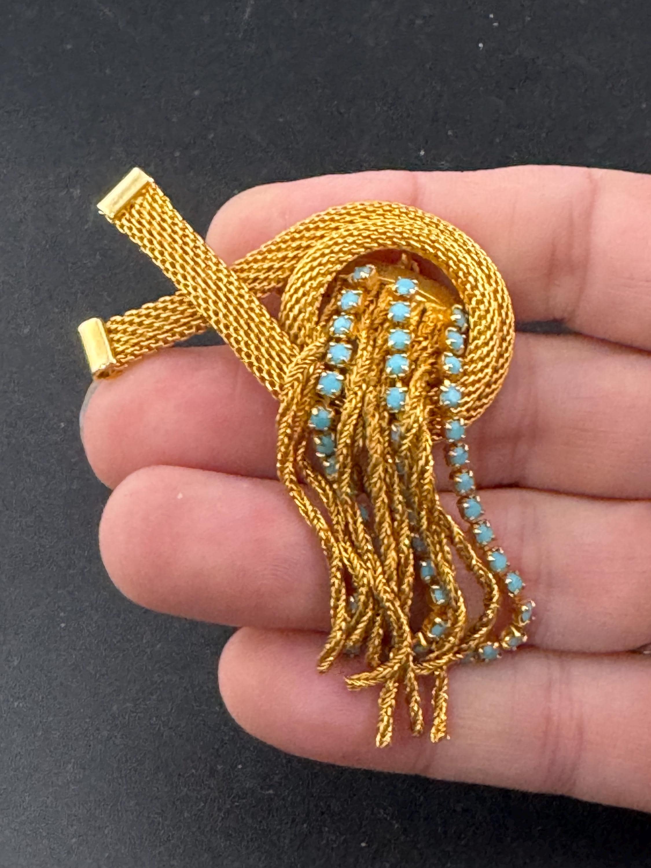 vintage gold plated mesh turquoise rhinestone abstract waterfall rope chain drop dangle brooch