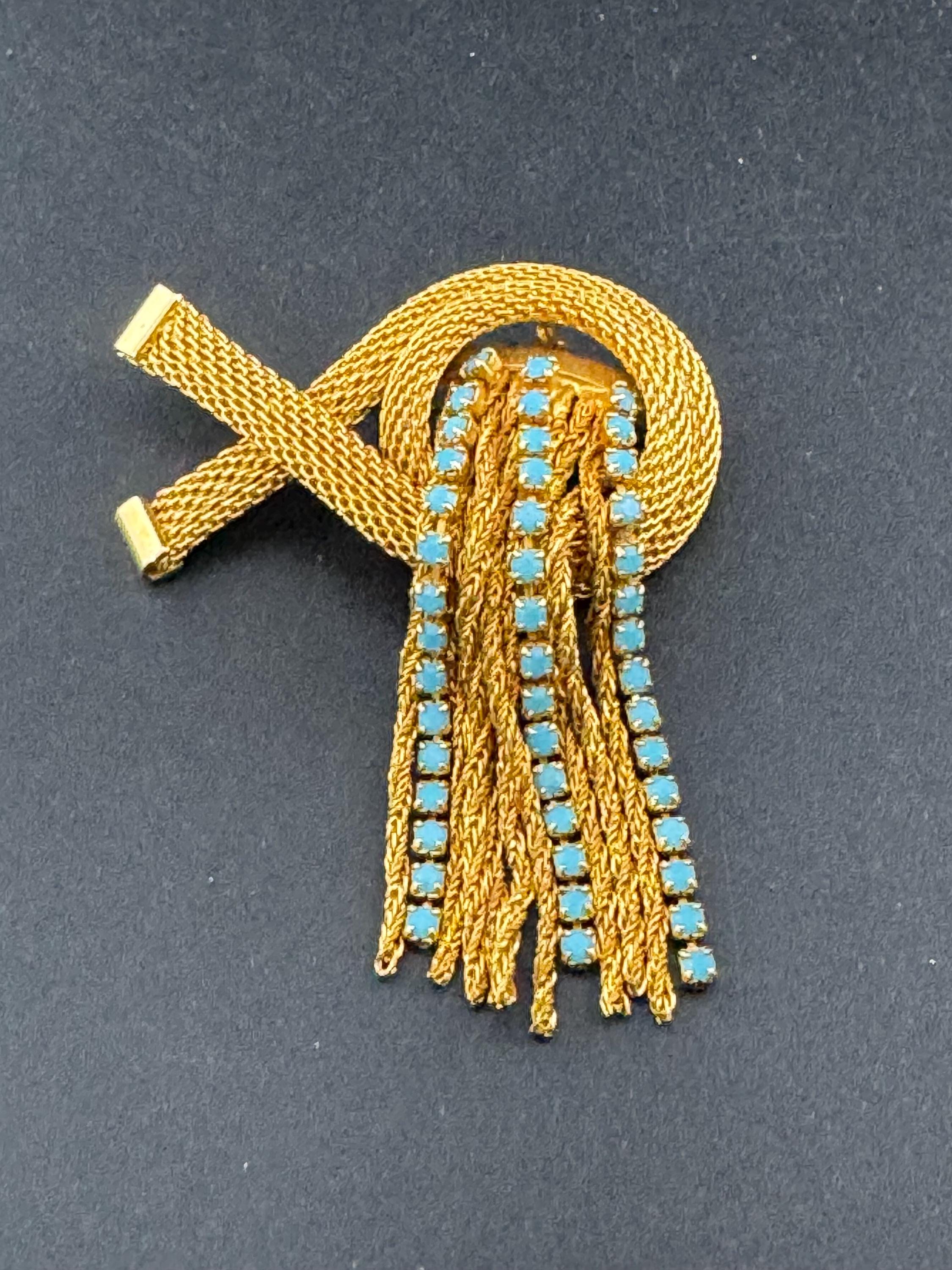 vintage gold plated mesh turquoise rhinestone abstract waterfall rope chain drop dangle brooch