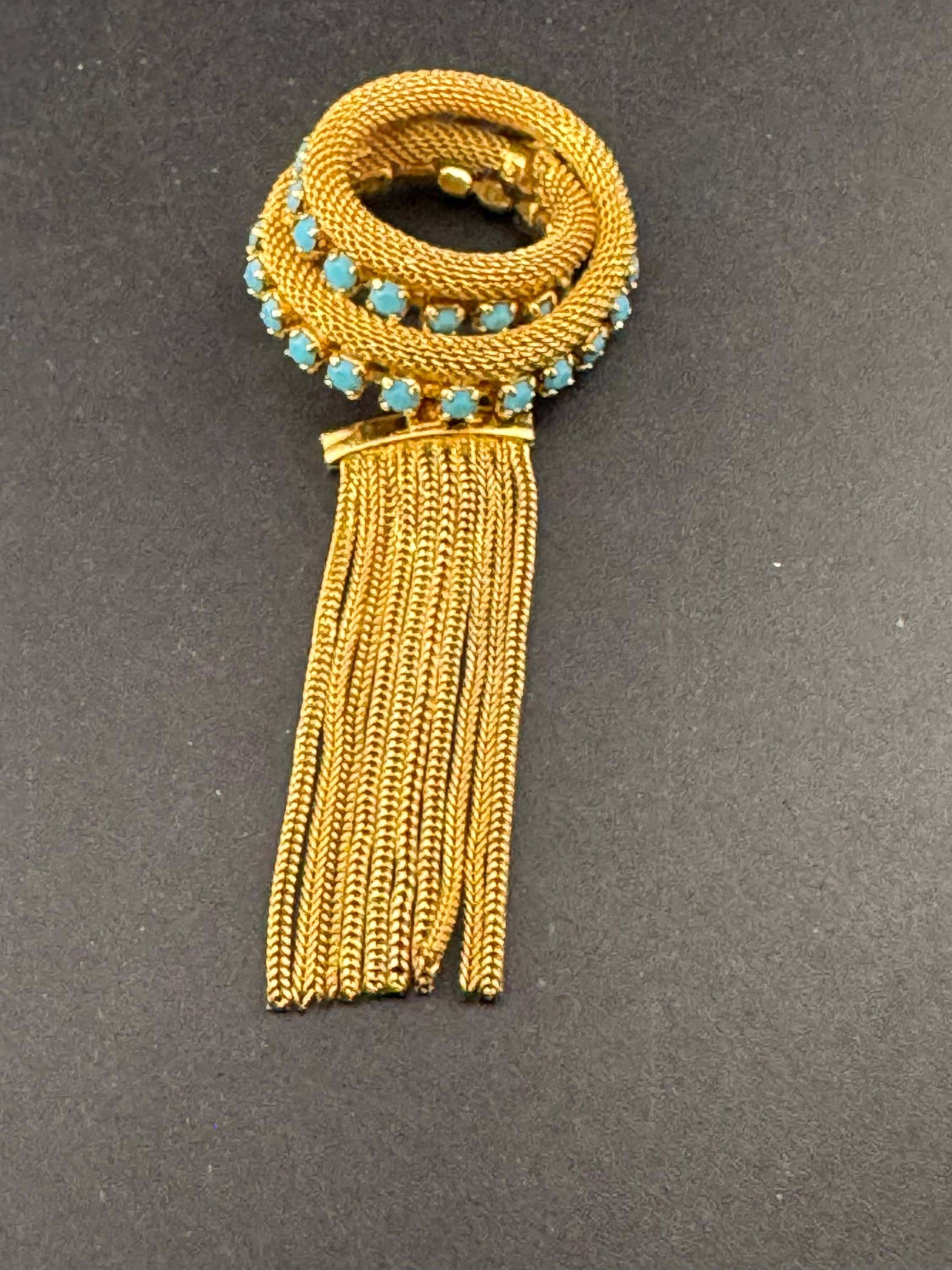 vintage gold plated mesh turquoise rhinestone abstract waterfall rope chain drop dangle brooch