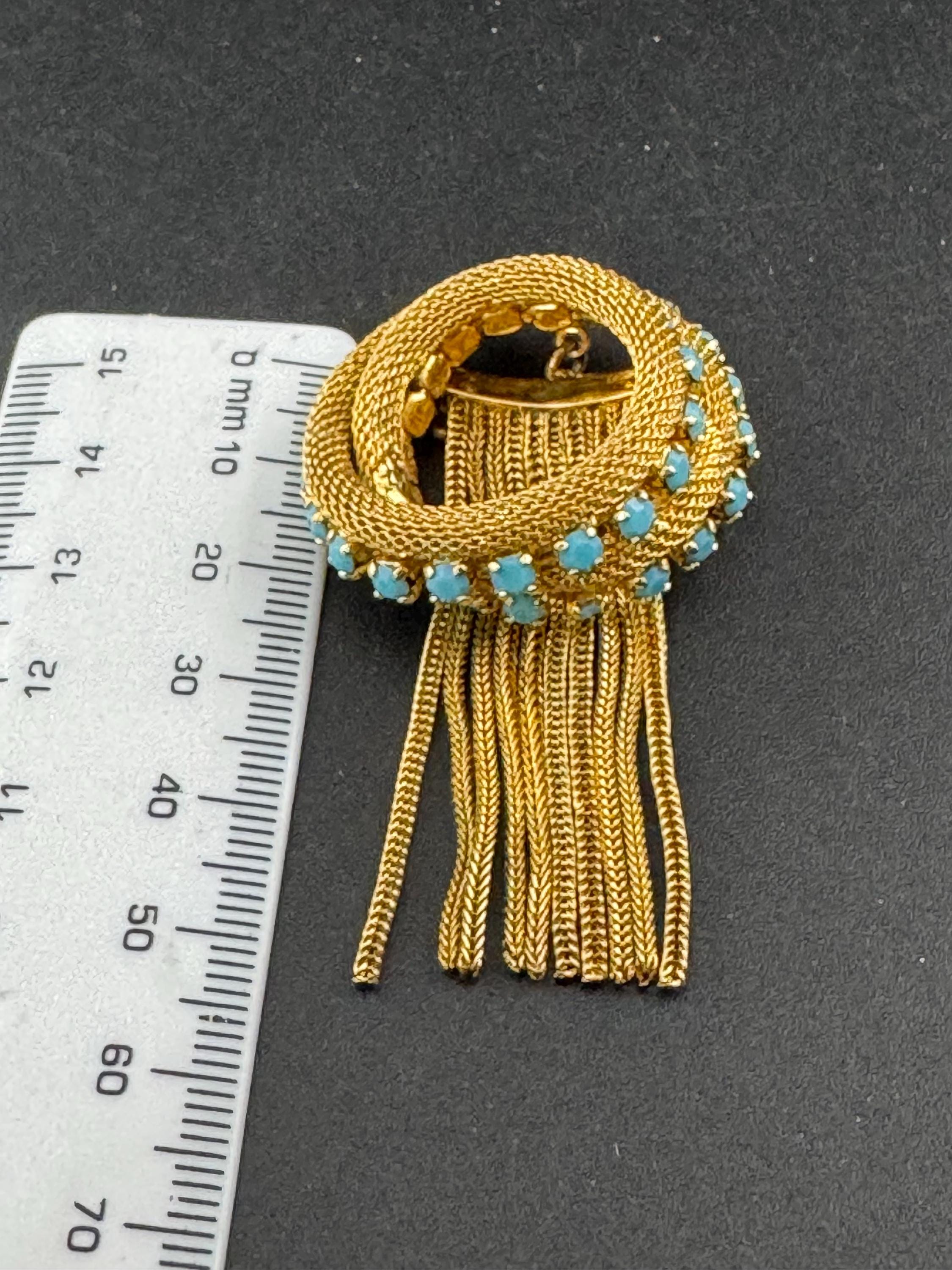 vintage gold plated mesh turquoise rhinestone abstract waterfall rope chain drop dangle brooch