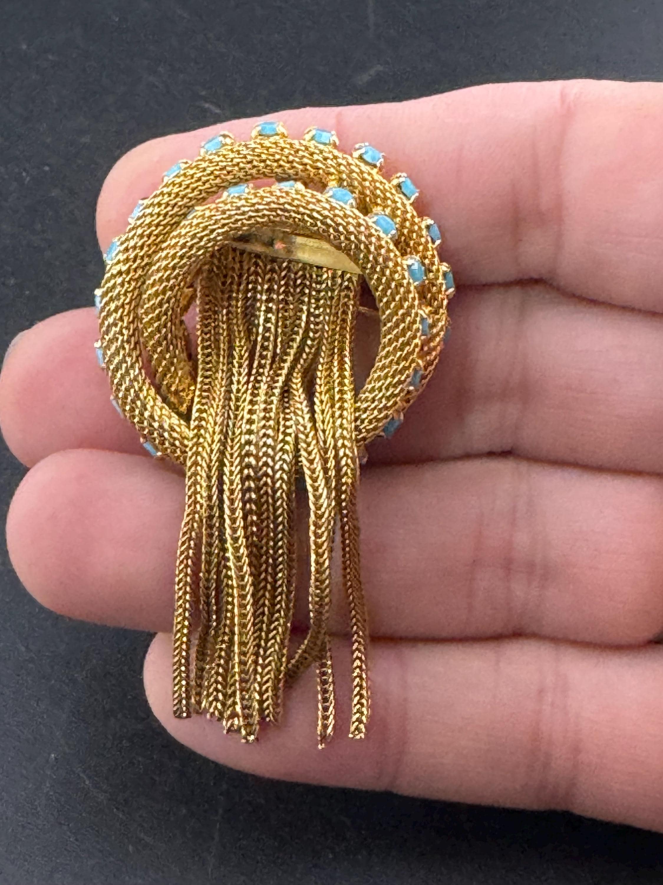 vintage gold plated mesh turquoise rhinestone abstract waterfall rope chain drop dangle brooch