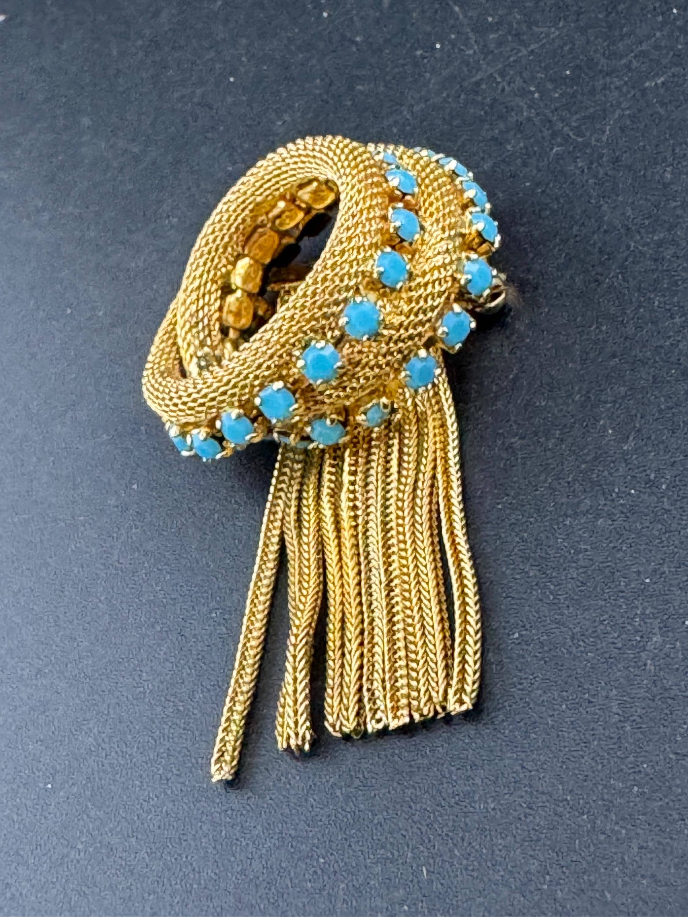 vintage gold plated mesh turquoise rhinestone abstract waterfall rope chain drop dangle brooch