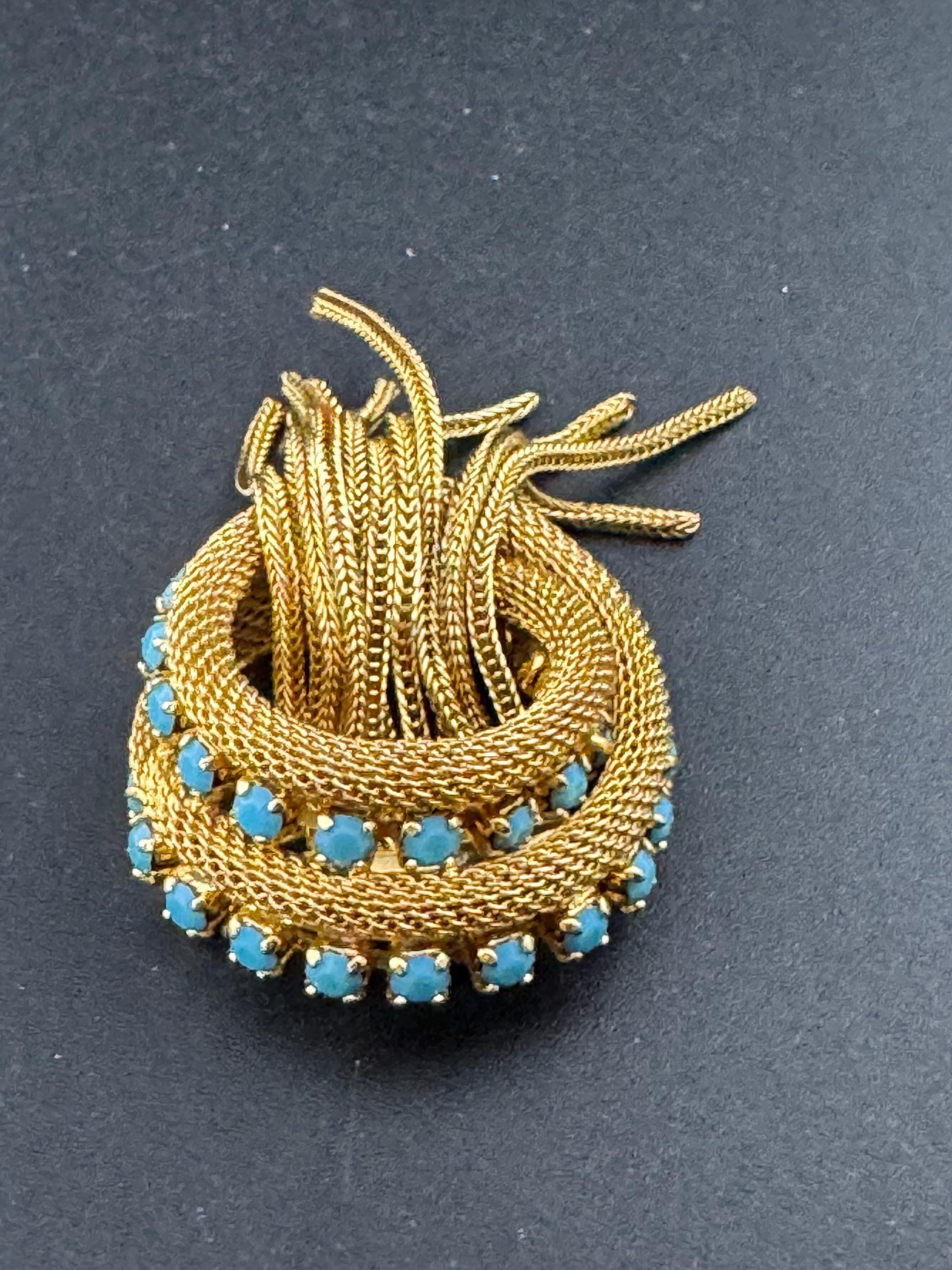 vintage gold plated mesh turquoise rhinestone abstract waterfall rope chain drop dangle brooch