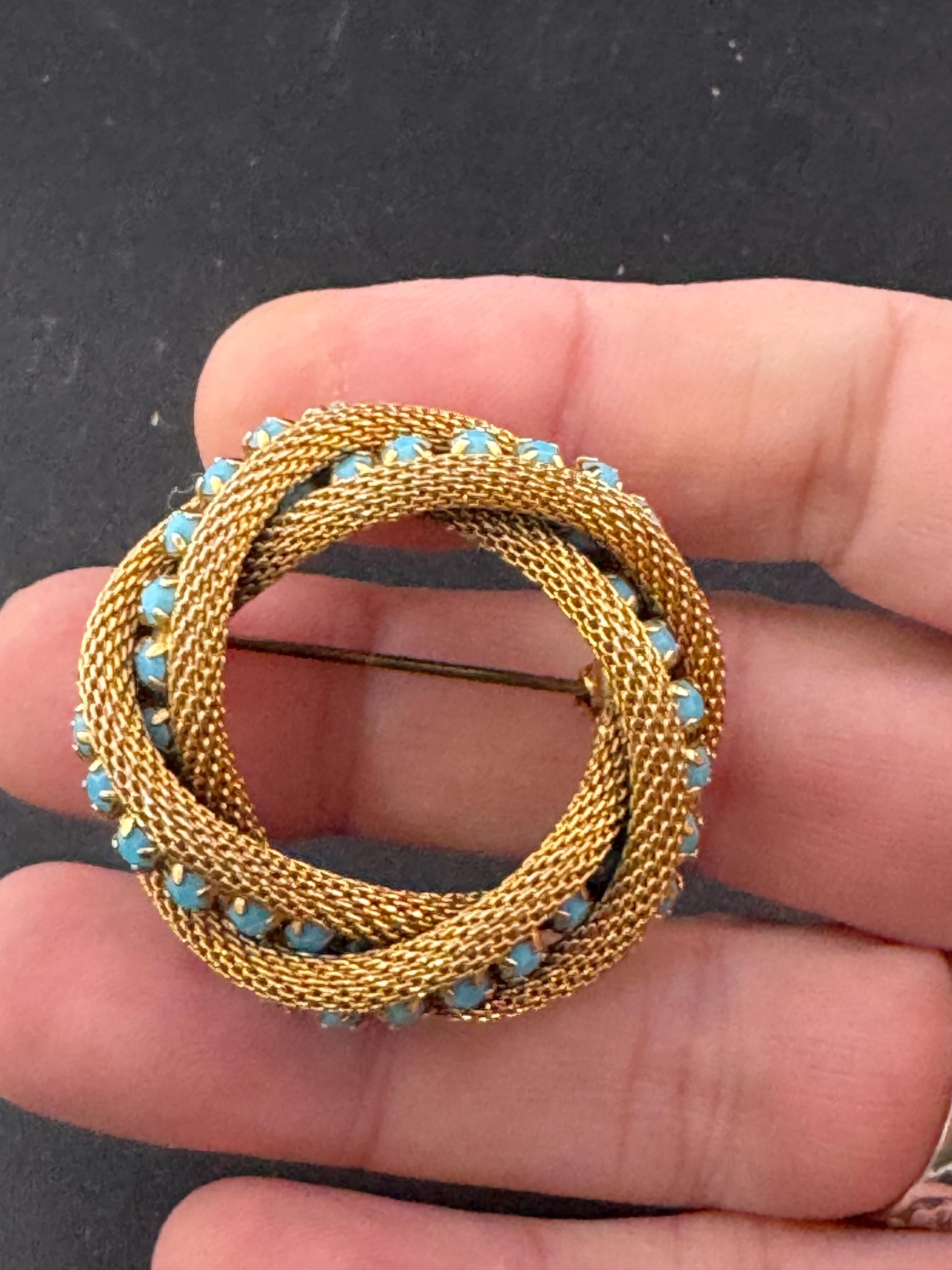 vintage modernist mid century gold plated mesh turquoise rhinestone abstract swirl round knot brooch 4cm 1960s