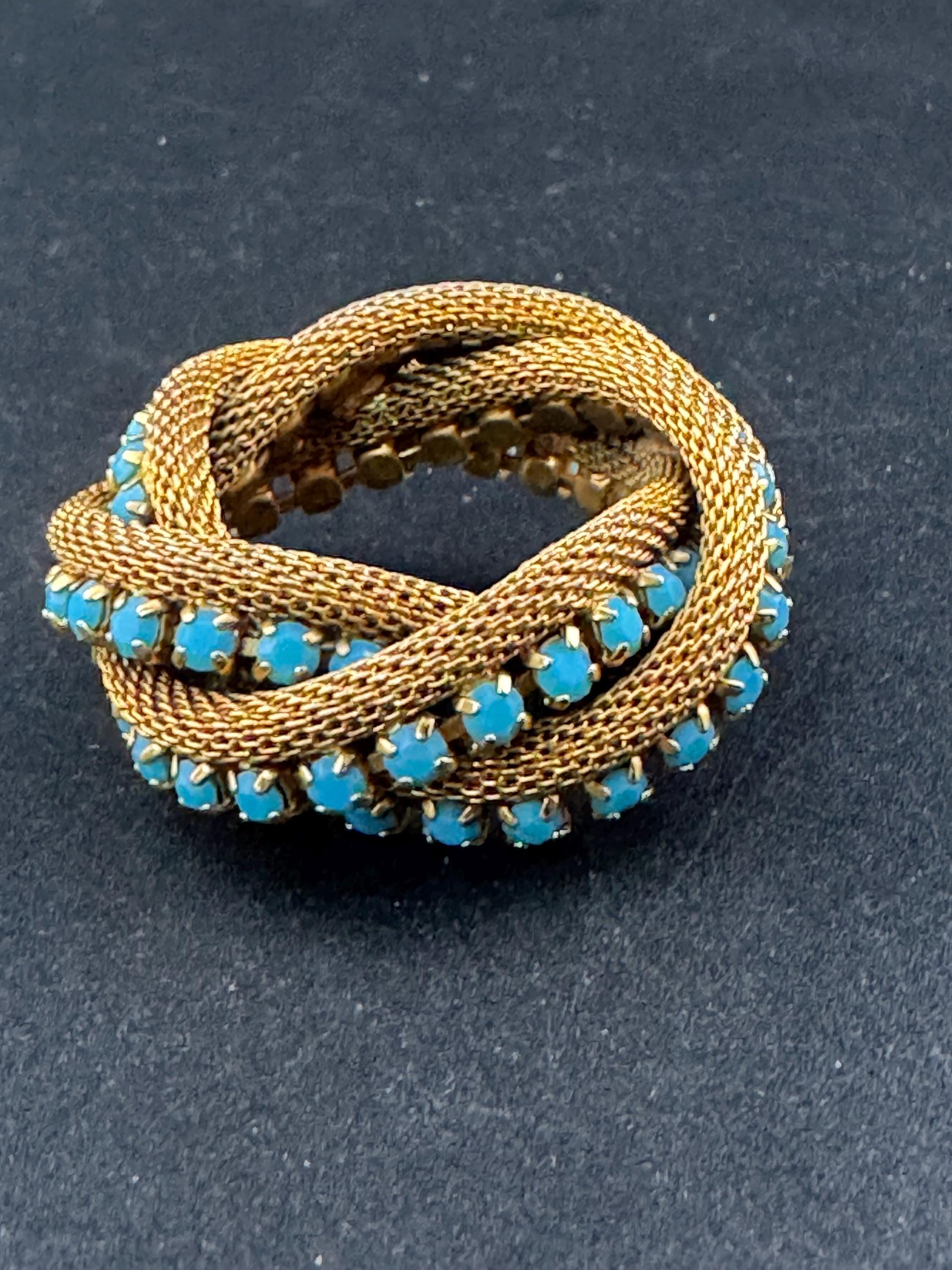 vintage modernist mid century gold plated mesh turquoise rhinestone abstract swirl round knot brooch 4cm 1960s