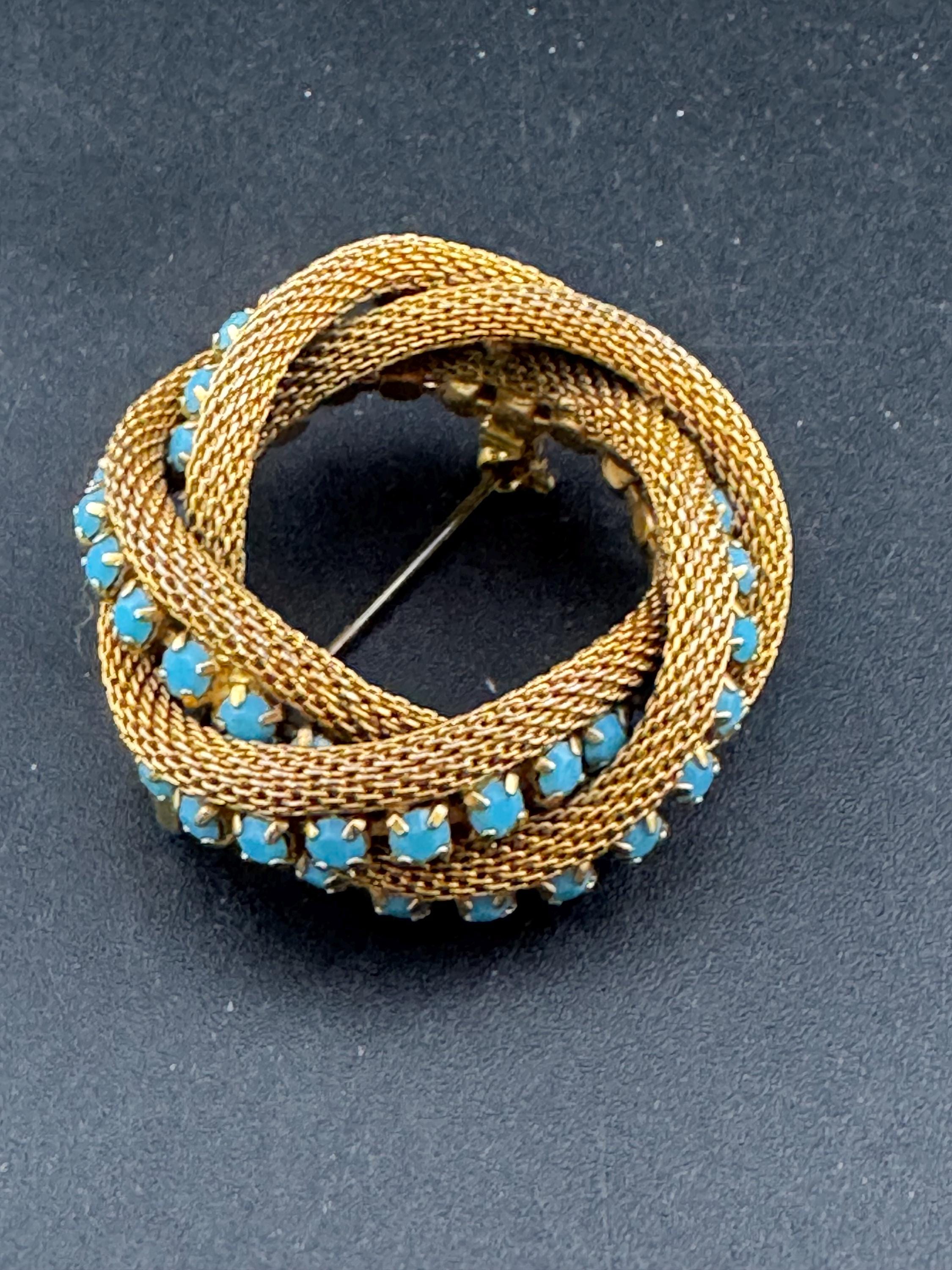 vintage modernist mid century gold plated mesh turquoise rhinestone abstract swirl round knot brooch 4cm 1960s