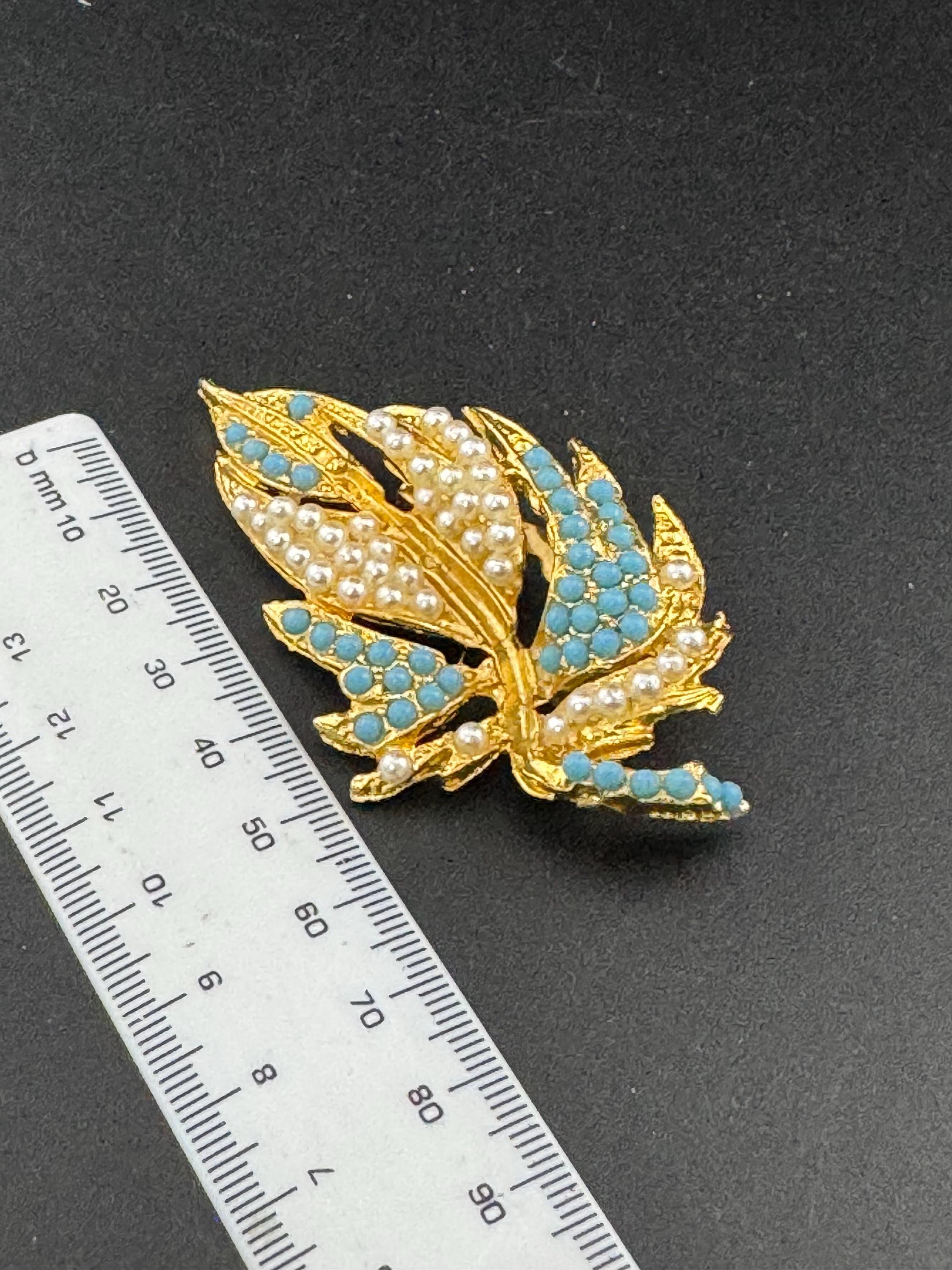 Vintage Gold Tone Leaf Brooch: Turquoise & Seed Pearl Beaded, 1960s Style