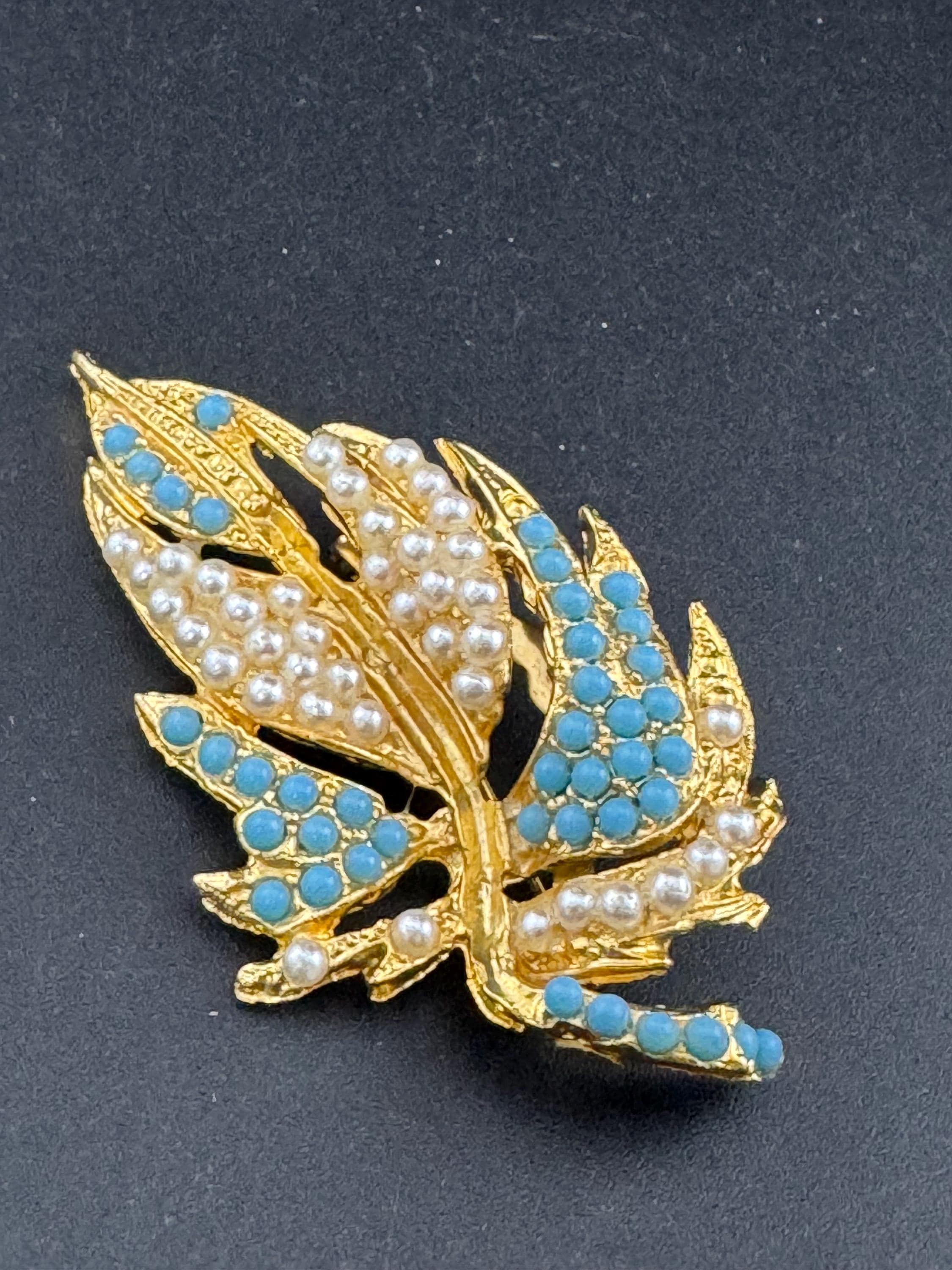 Vintage Gold Tone Leaf Brooch: Turquoise & Seed Pearl Beaded, 1960s Style