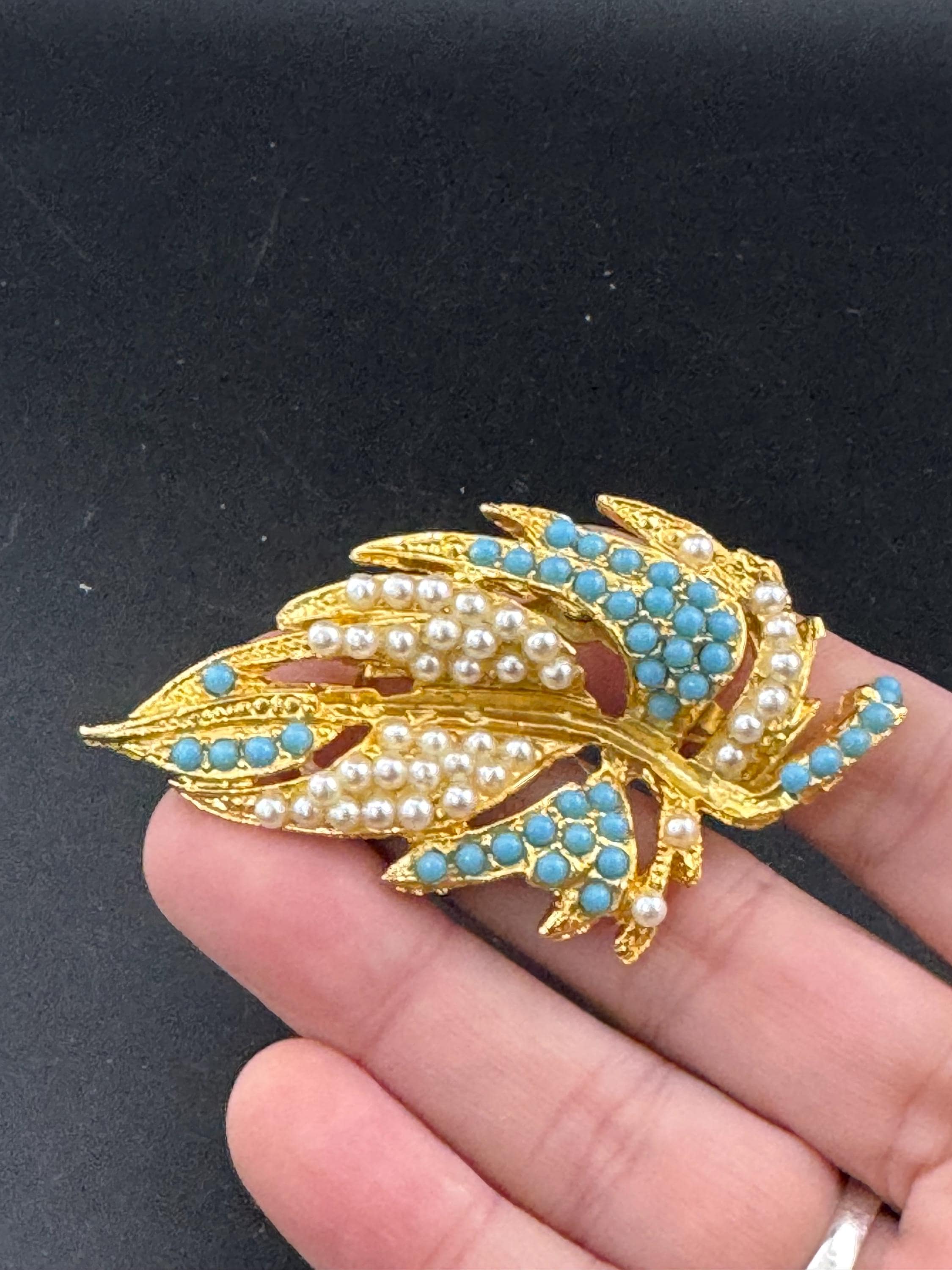Vintage Gold Tone Leaf Brooch: Turquoise & Seed Pearl Beaded, 1960s Style