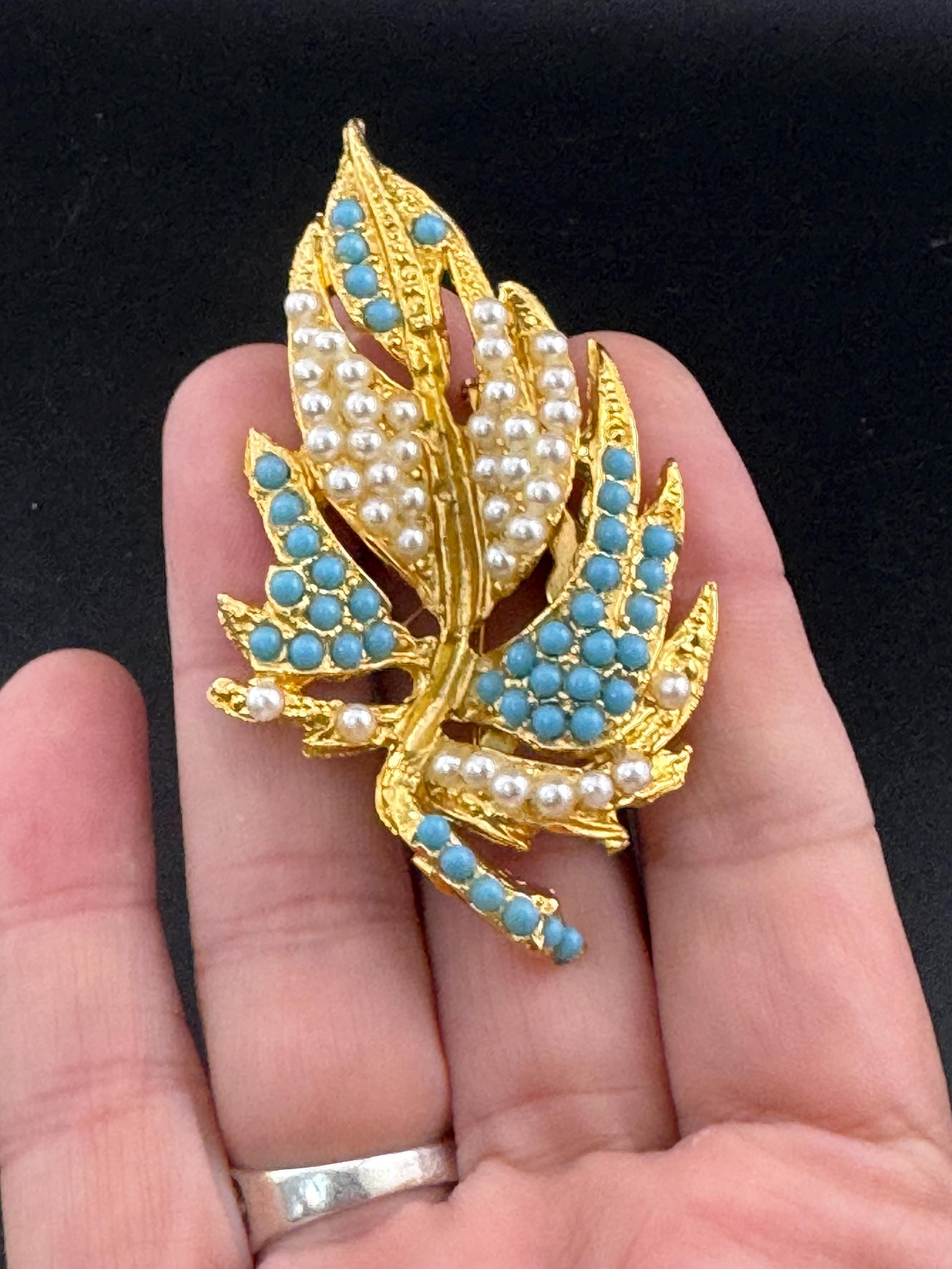 Vintage Gold Tone Leaf Brooch: Turquoise & Seed Pearl Beaded, 1960s Style