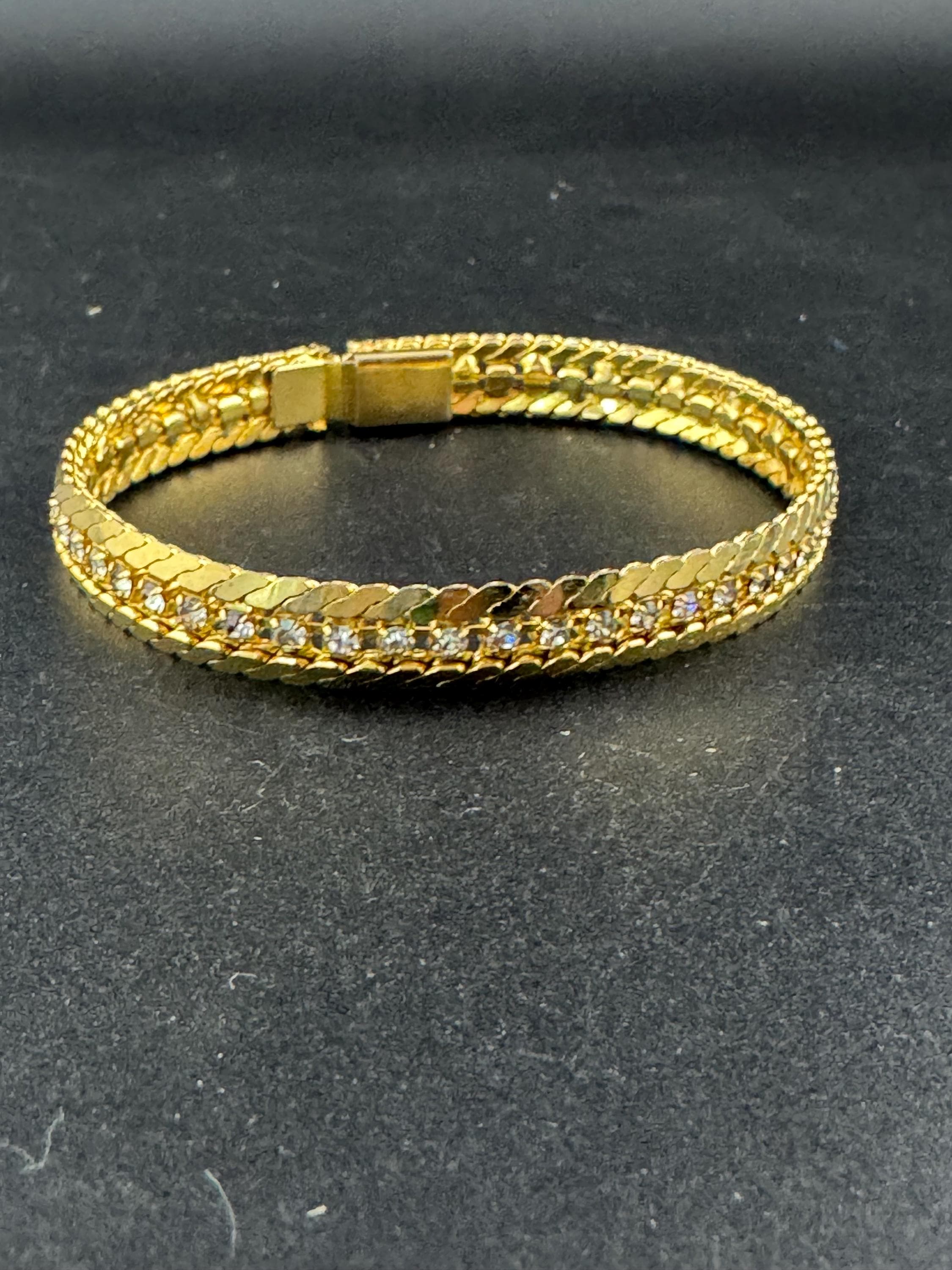 Vintage 1960s Gold Tone Diamanté Bracelet: Rope Edge, Clear Glass Stones
