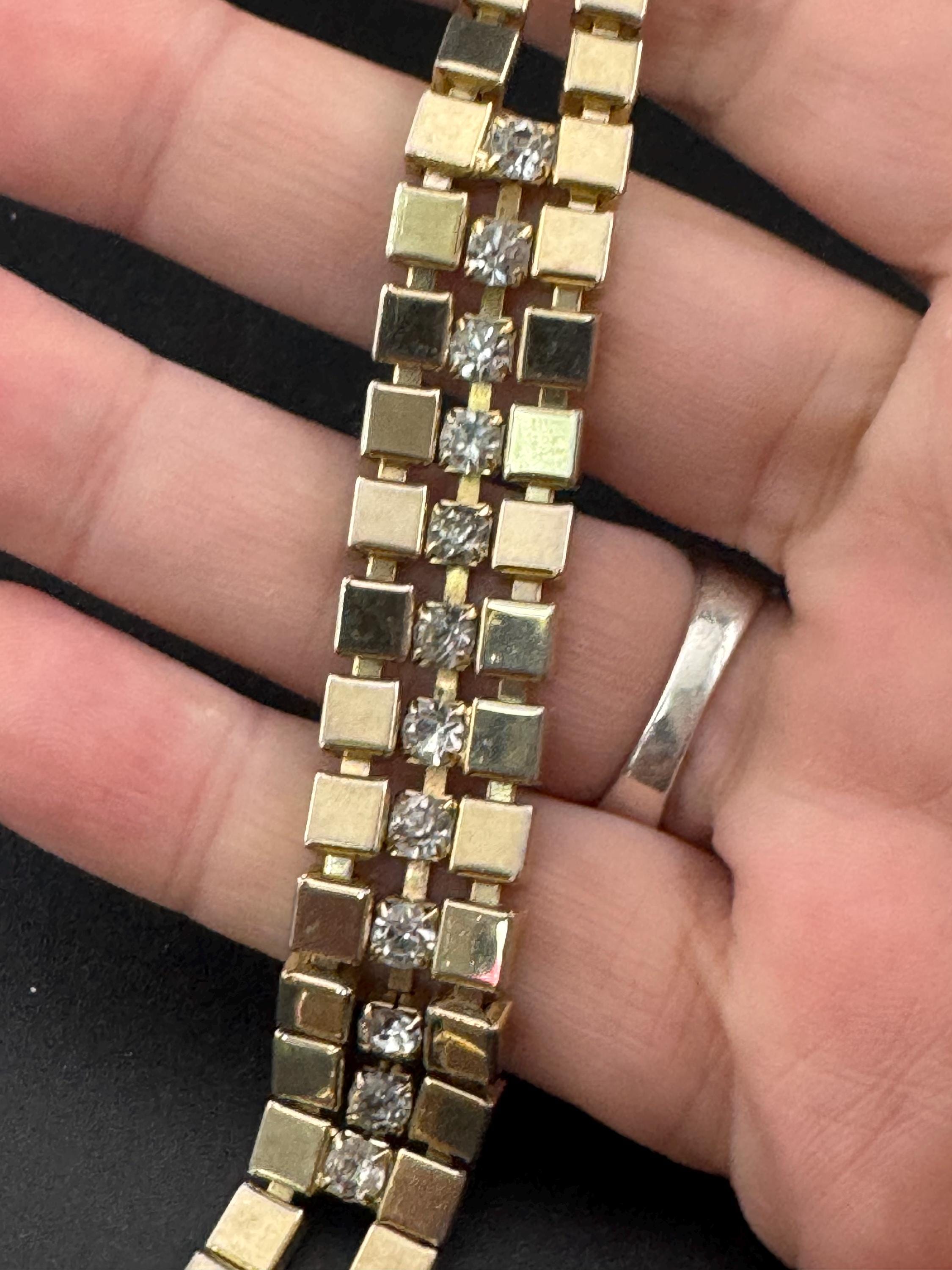 Vintage 1960s Gold Tone Brick Link Bracelet: Diamanté Glass Stones