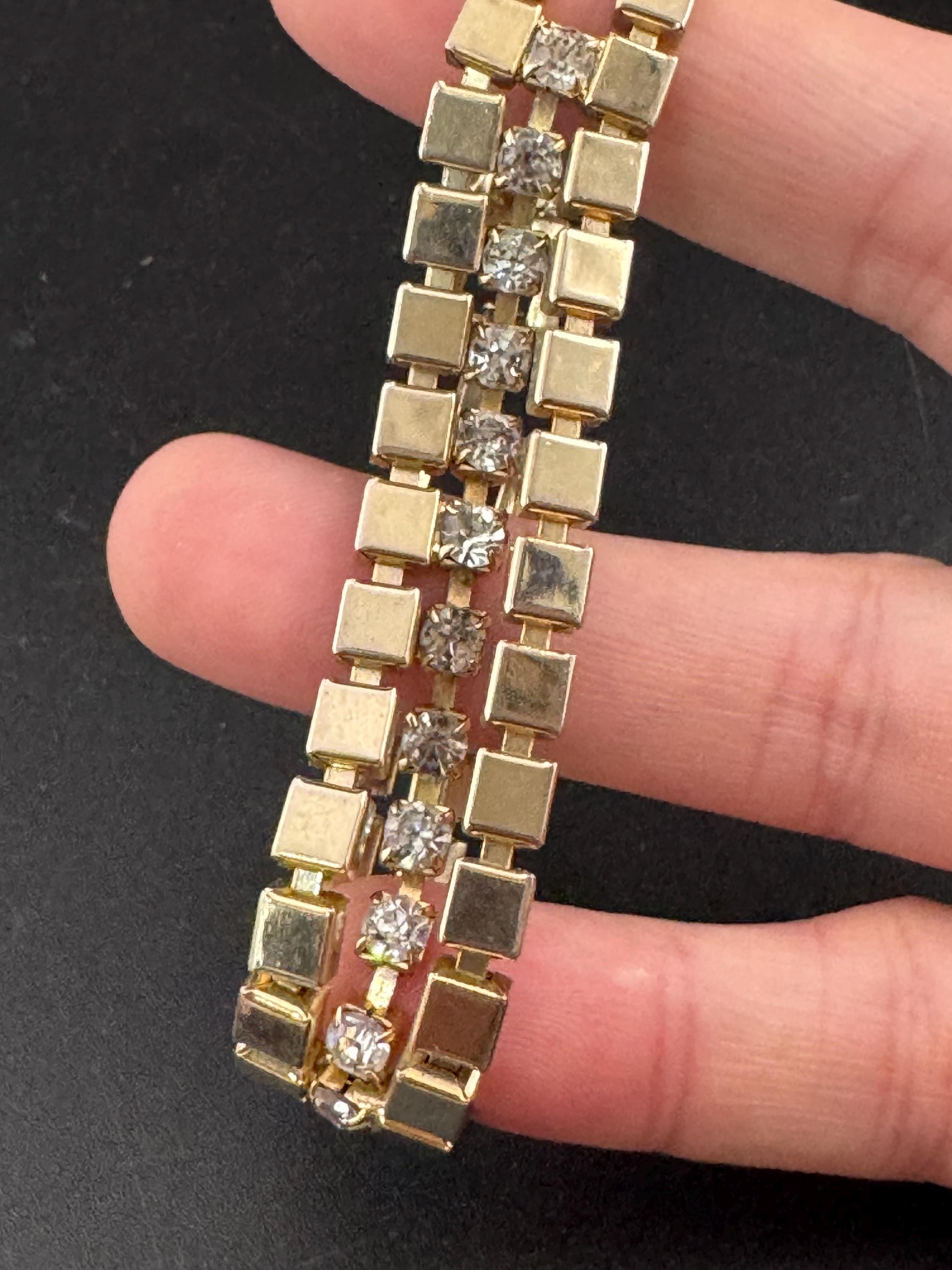 Vintage 1960s Gold Tone Brick Link Bracelet: Diamanté Glass Stones