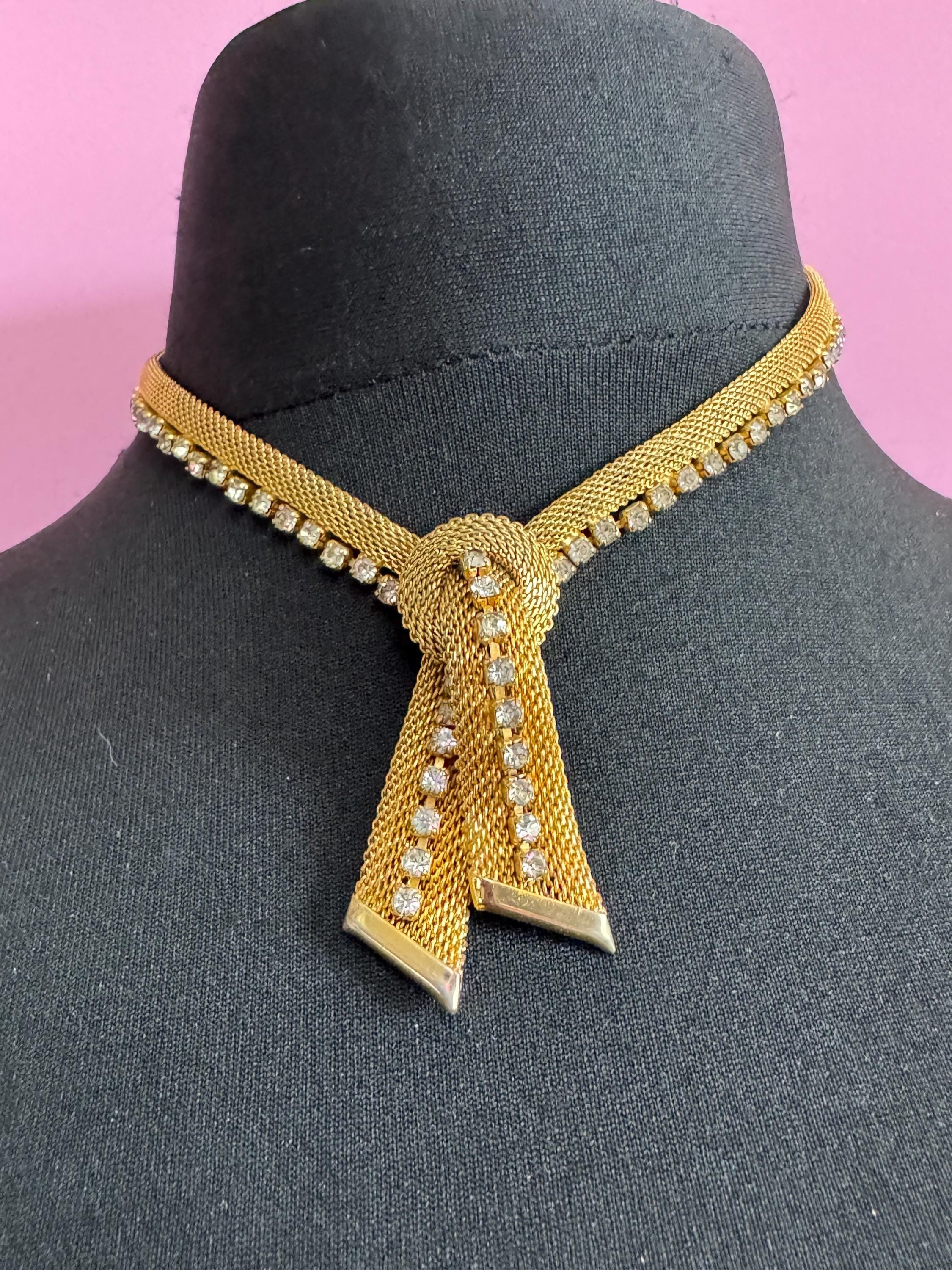Vintage gold tone mesh & Clear paste diamanté waterfall lariat necklace