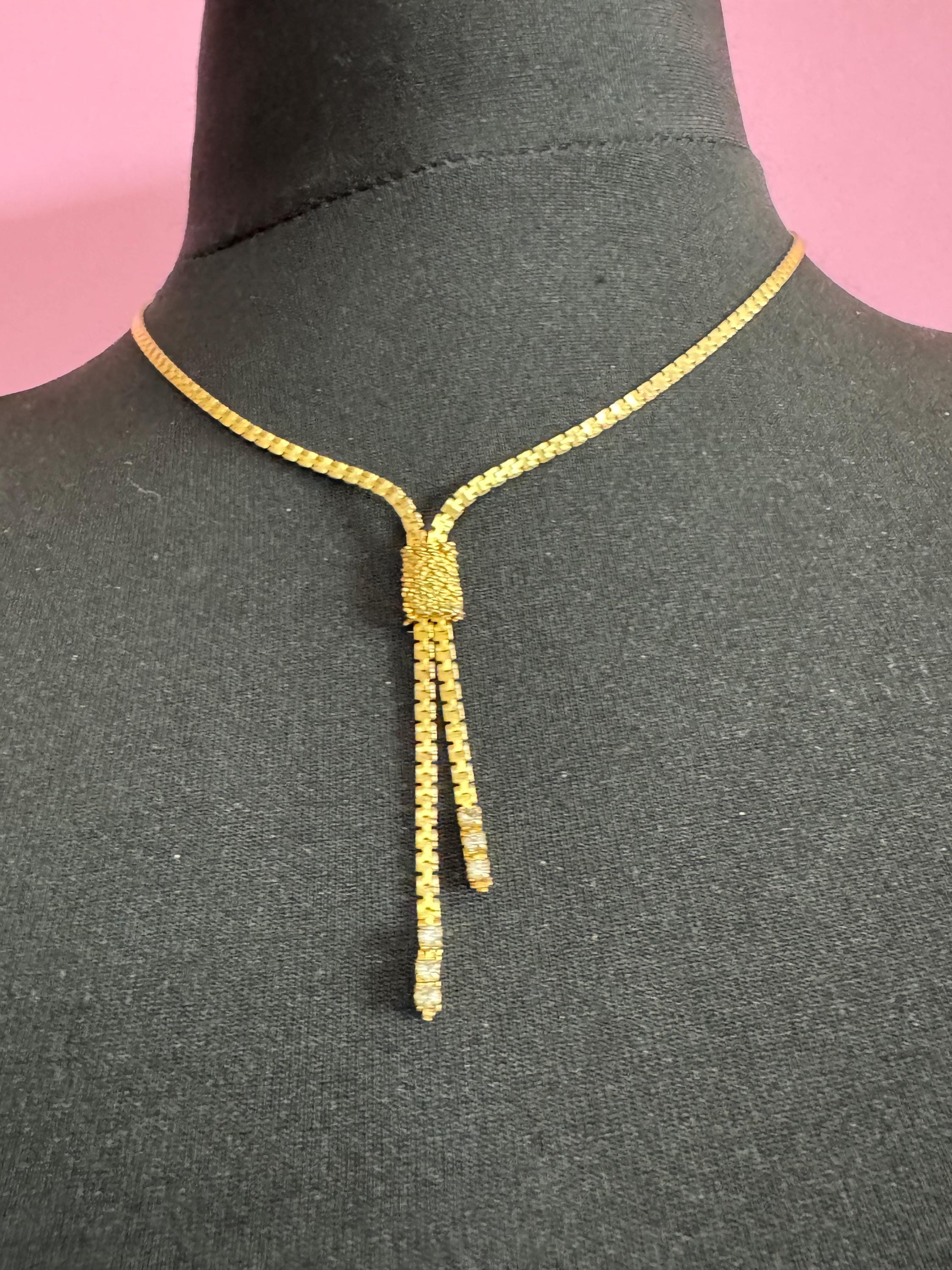 Vintage Gold Lariat Necklace: Diamanté Tassel Drop, 43-50cm