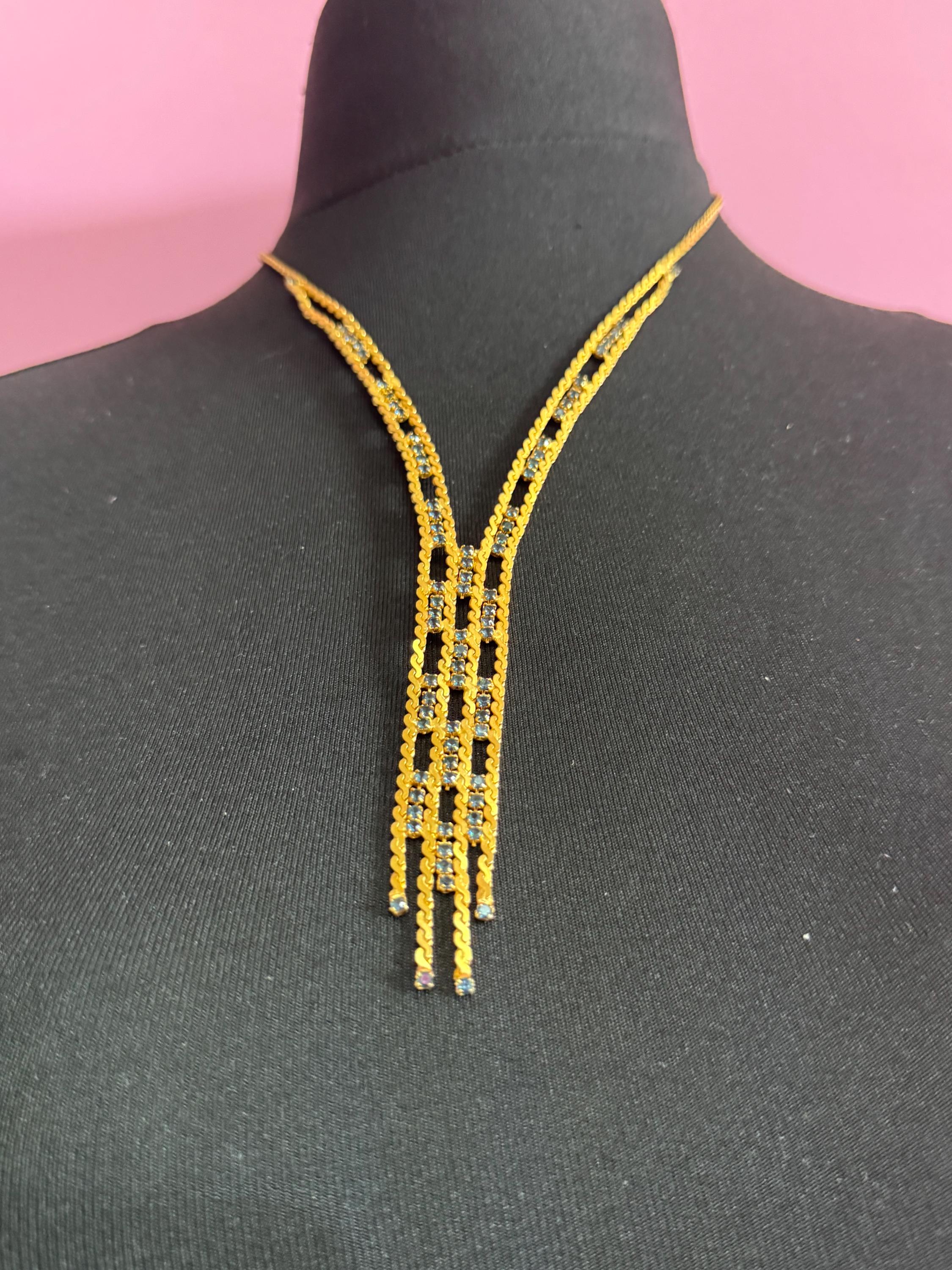 Vintage 1960s 1970s gold tone mesh lariat drop knot necklace with sapphire blue glass paste stones adj to 54cm