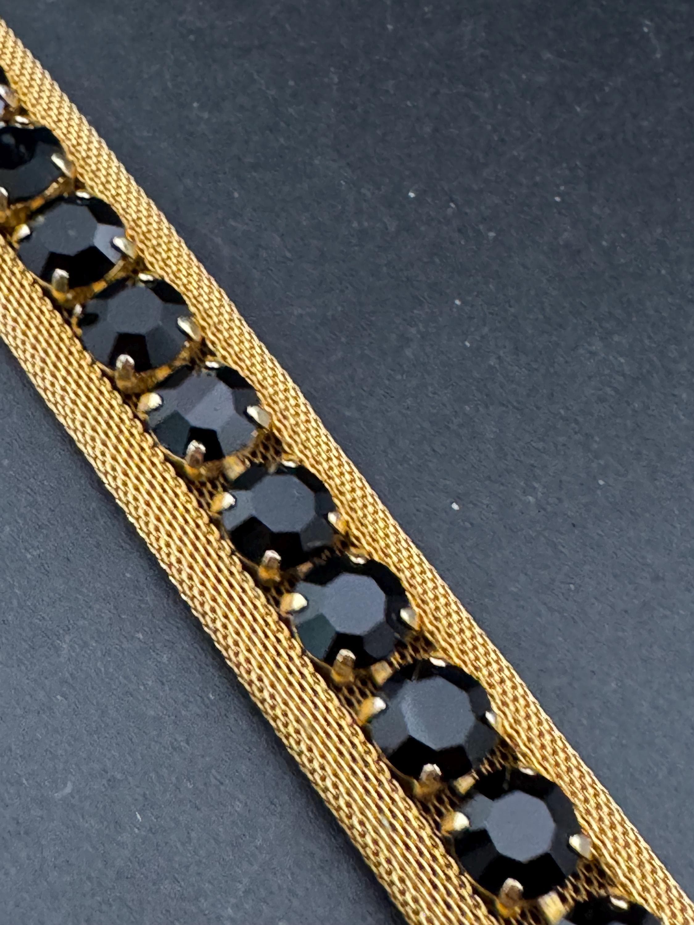 Vintage black rhinestone paste Glass Gold Tone mesh wide cocktail bracelet