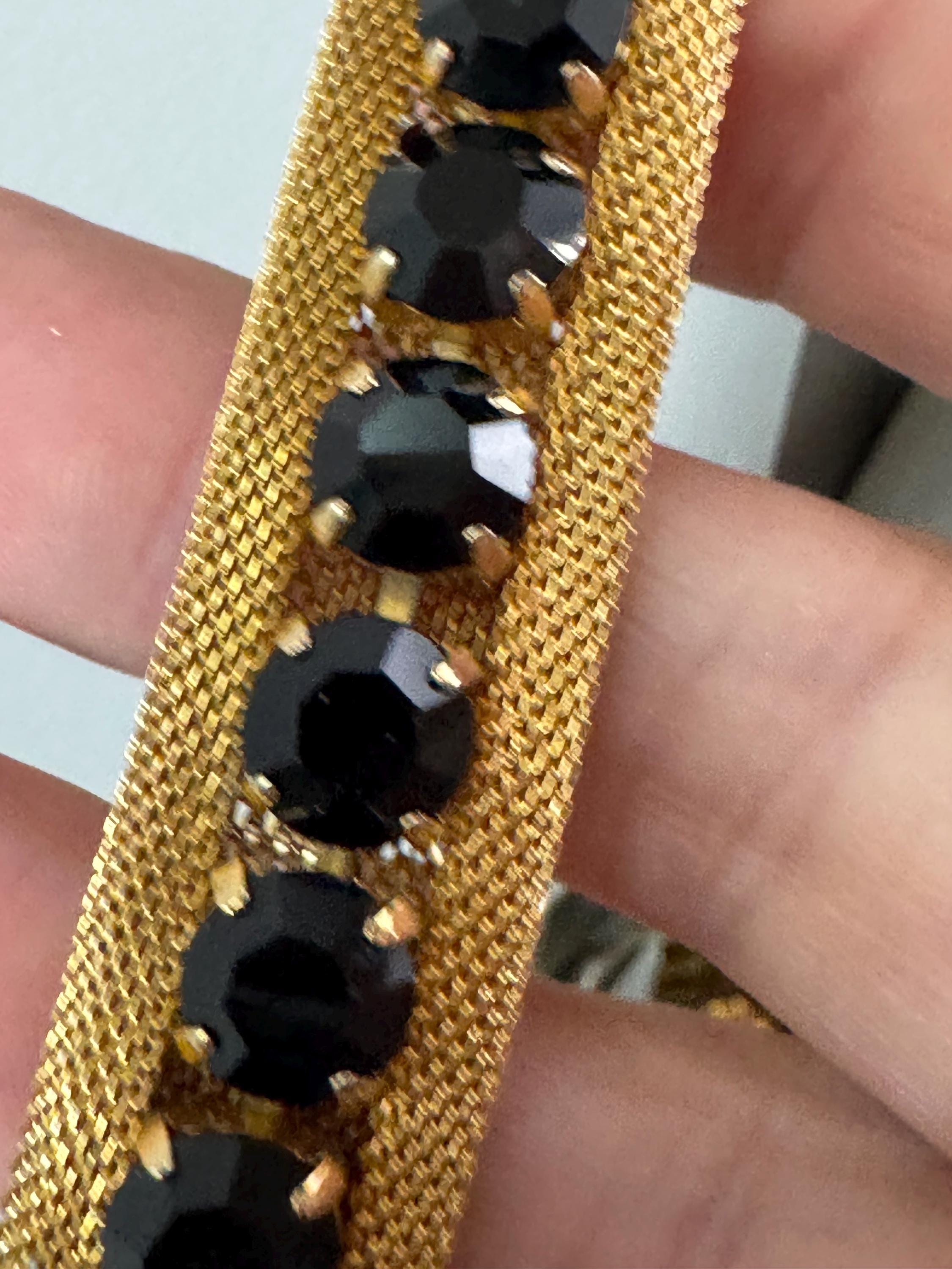 Vintage black rhinestone paste Glass Gold Tone mesh wide cocktail bracelet
