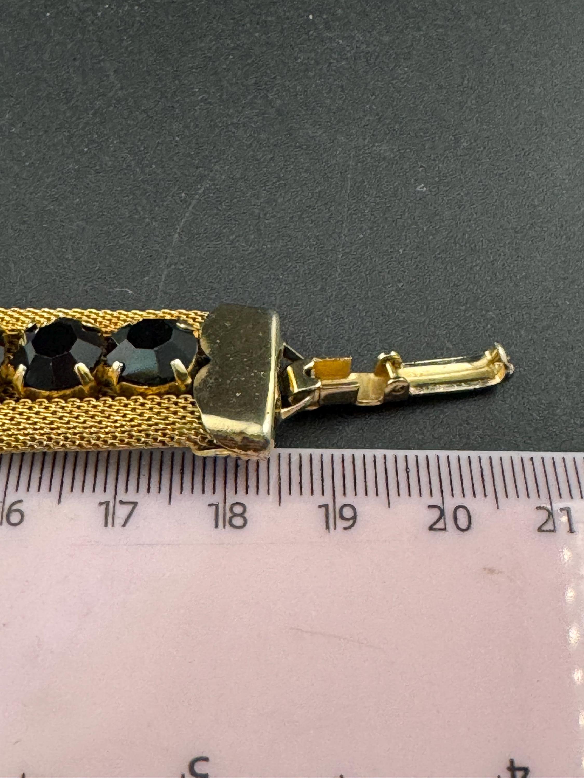 Vintage black rhinestone paste Glass Gold Tone mesh wide cocktail bracelet