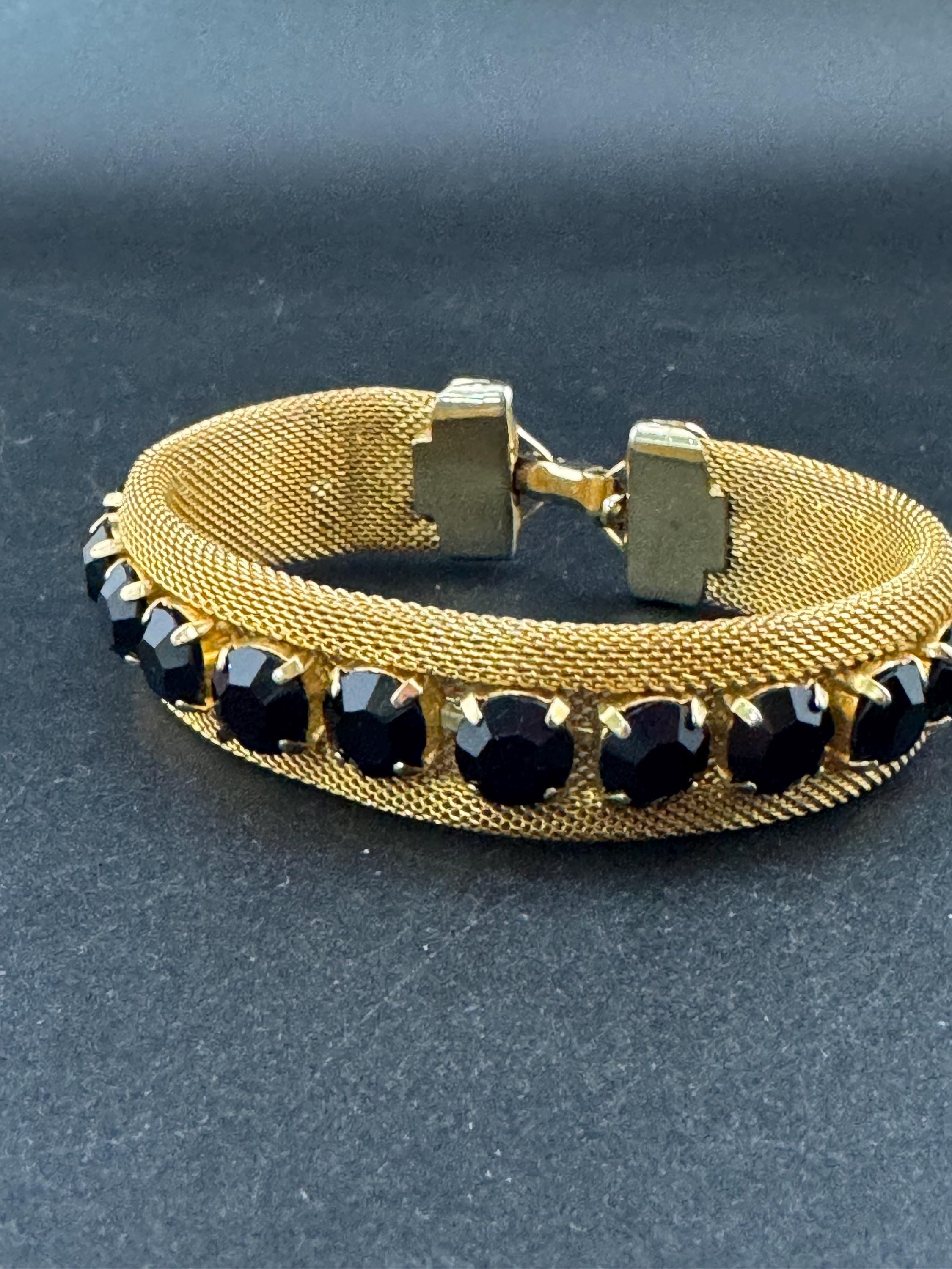 Vintage black rhinestone paste Glass Gold Tone mesh wide cocktail bracelet