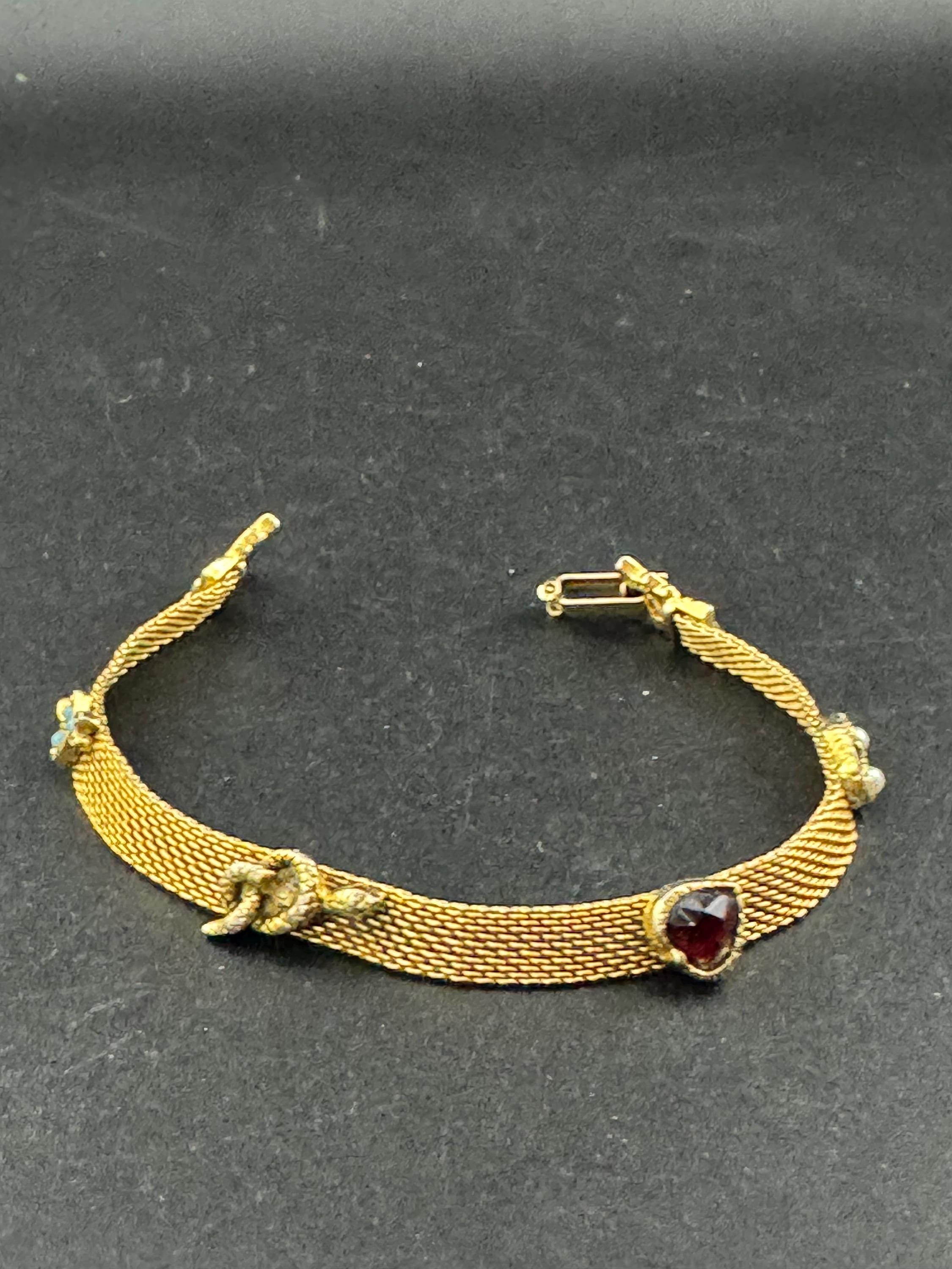 signed goldette Vintage Gold Tone mesh bracelet set with turquoise beads, snake, seed pearls and red heart rhinestone
