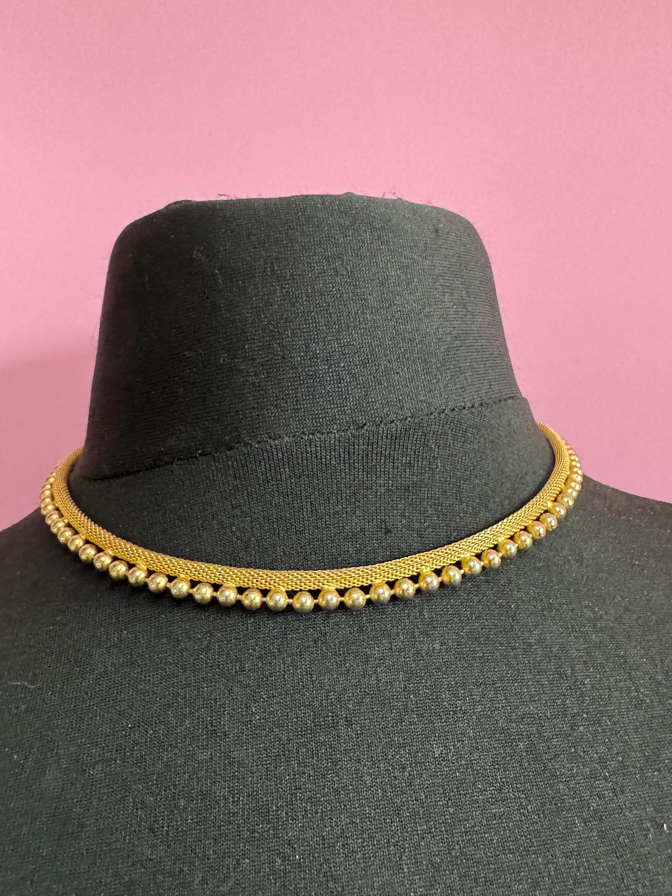 vintage modernist mesh gold tone ball bead choker necklace Vintage 1960s 42-46cm 1cm wide