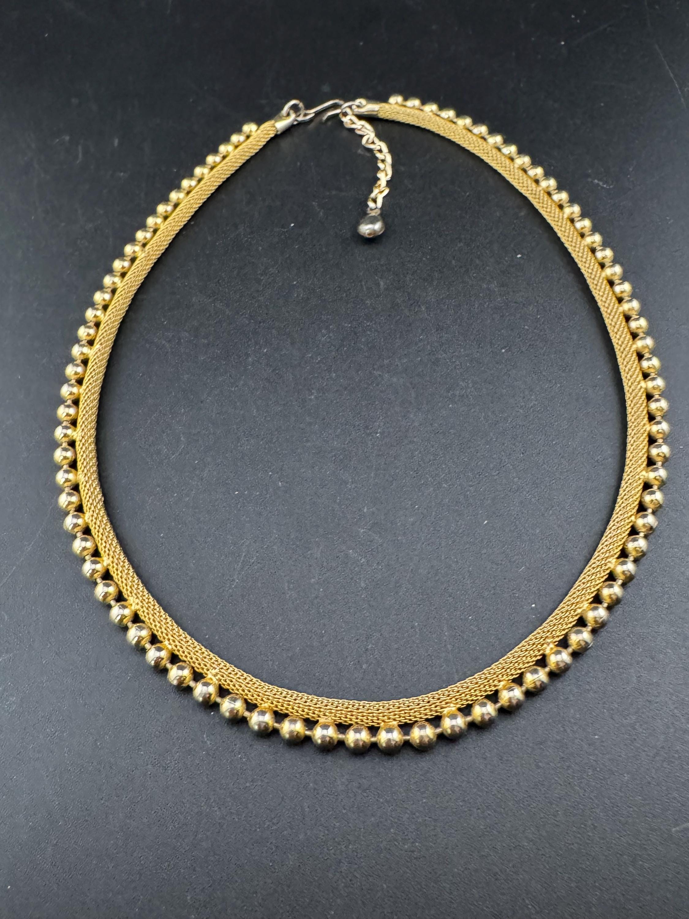 vintage modernist mesh gold tone ball bead choker necklace Vintage 1960s 42-46cm 1cm wide