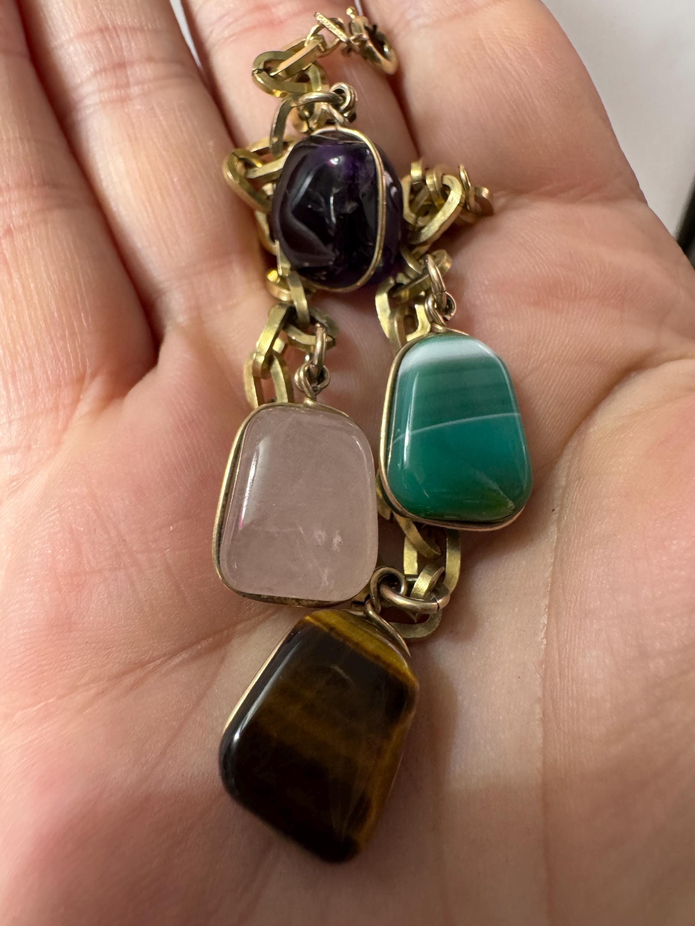 Vintage 1940s Gold Tone Charm Bracelet: Gemstone Charms, 19.5cm