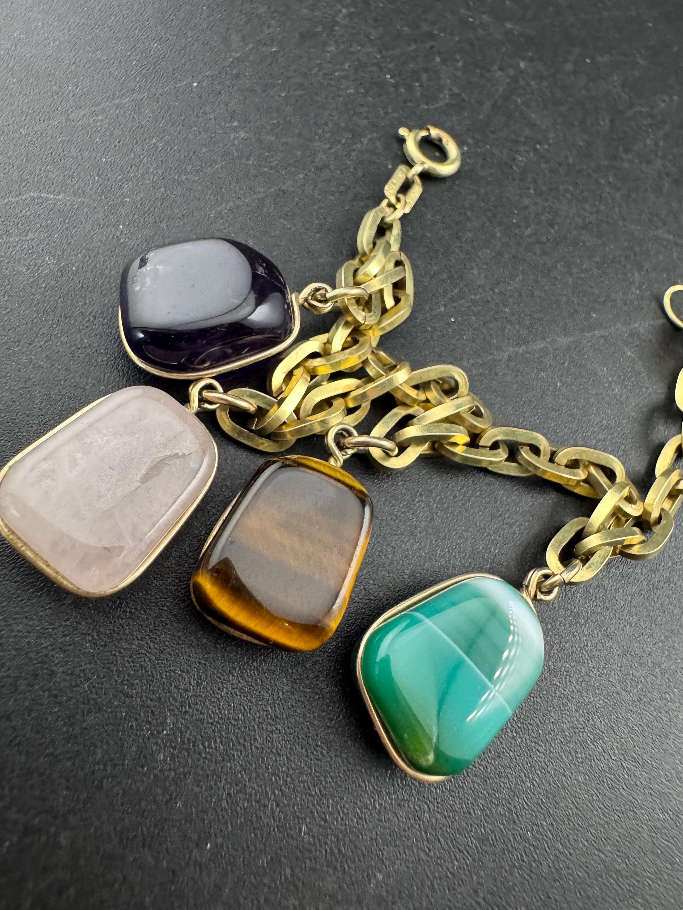 Vintage 1940s Gold Tone Charm Bracelet: Gemstone Charms, 19.5cm